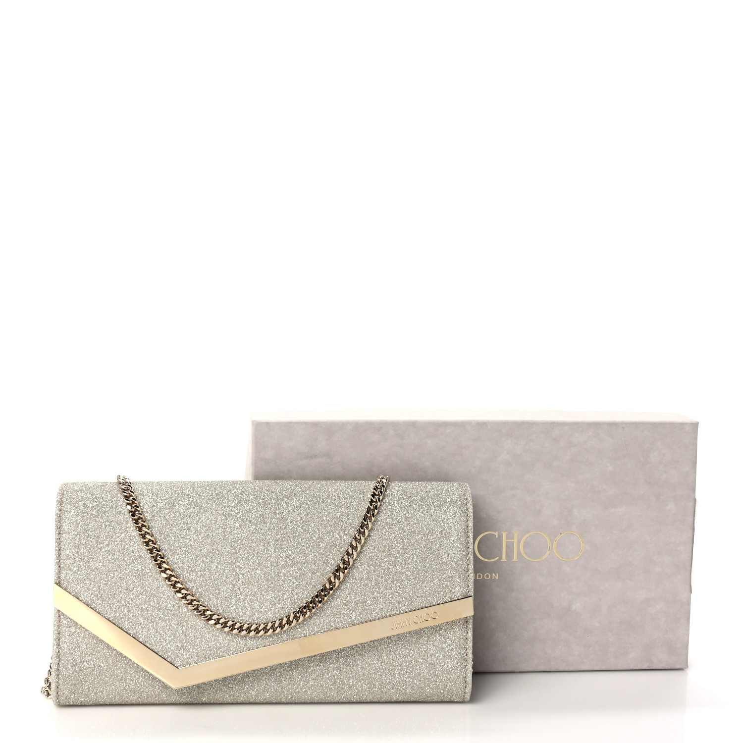 JIMMY CHOO Glitter Emmie Clutch Silver 1397775 | FASHIONPHILE