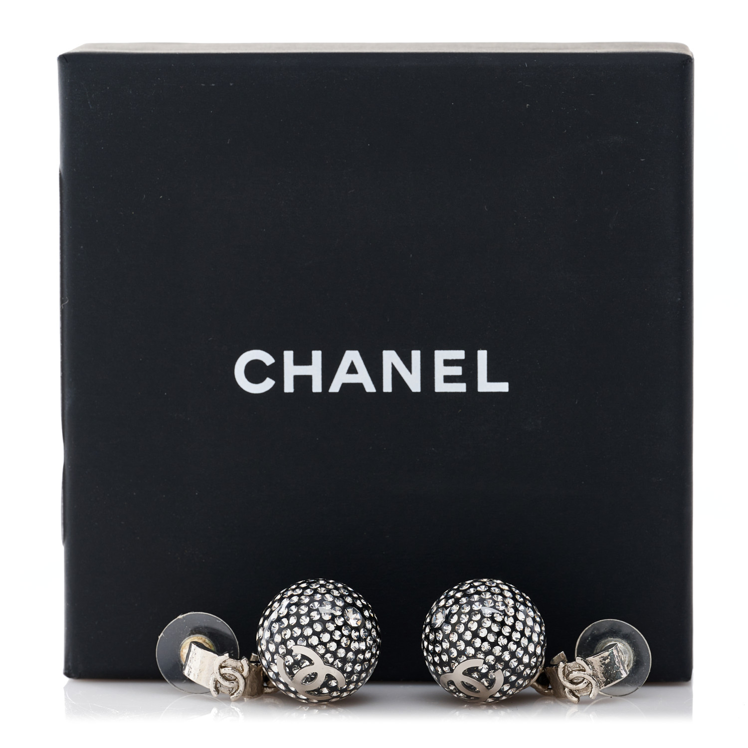 CHANEL Resin Crystal CC Ball Drop Earrings Silver 1482735