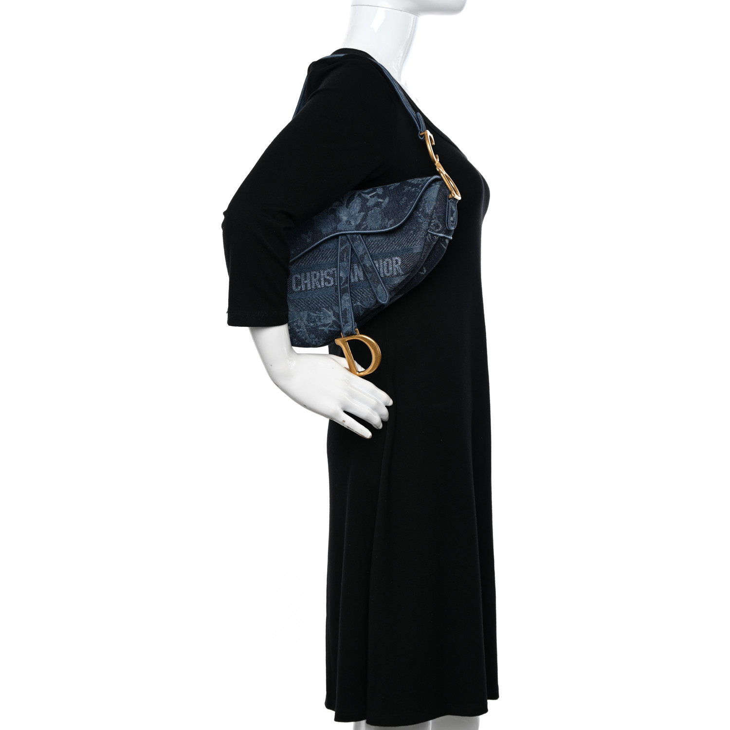 CHRISTIAN DIOR Denim Flowers Embroidered Saddle Bag Blue