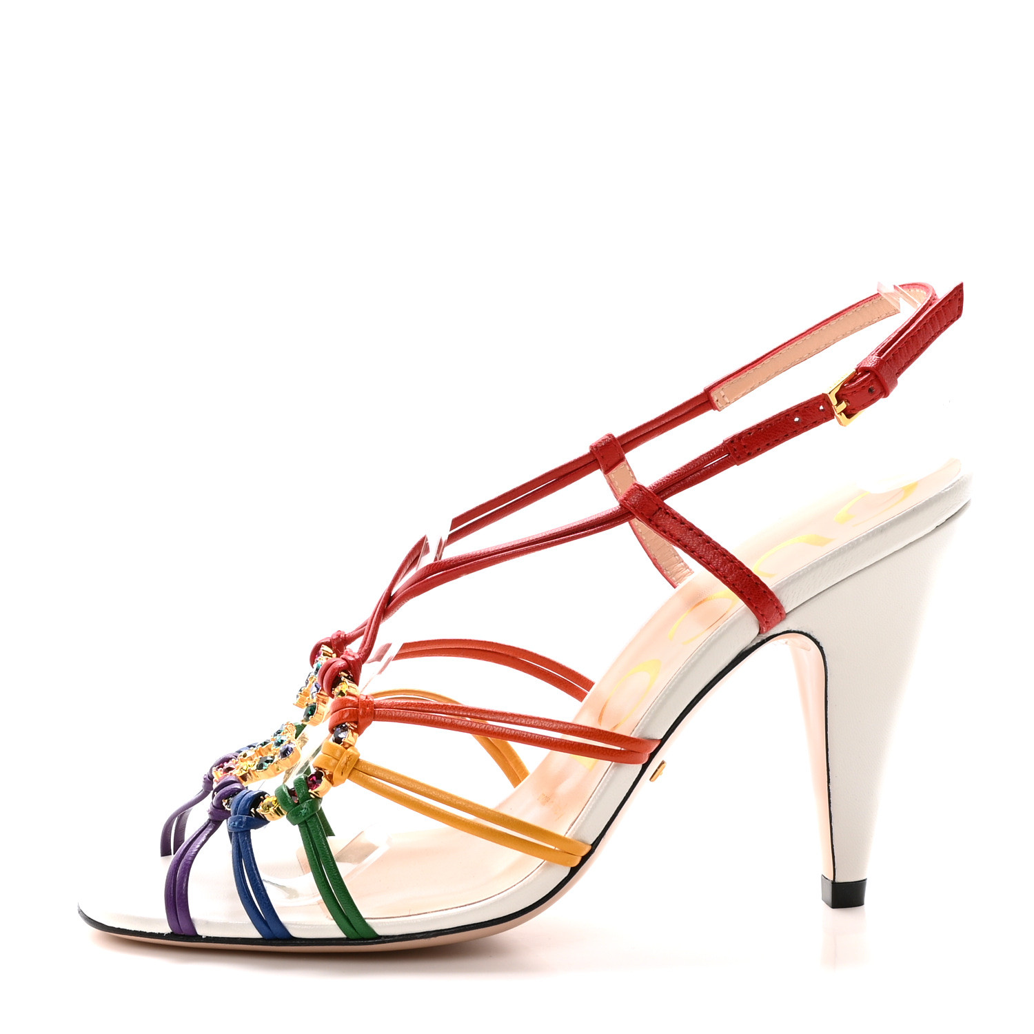 GUCCI Calfskin Crystal GG Isa Ankle Strap Mid Heel Sandals