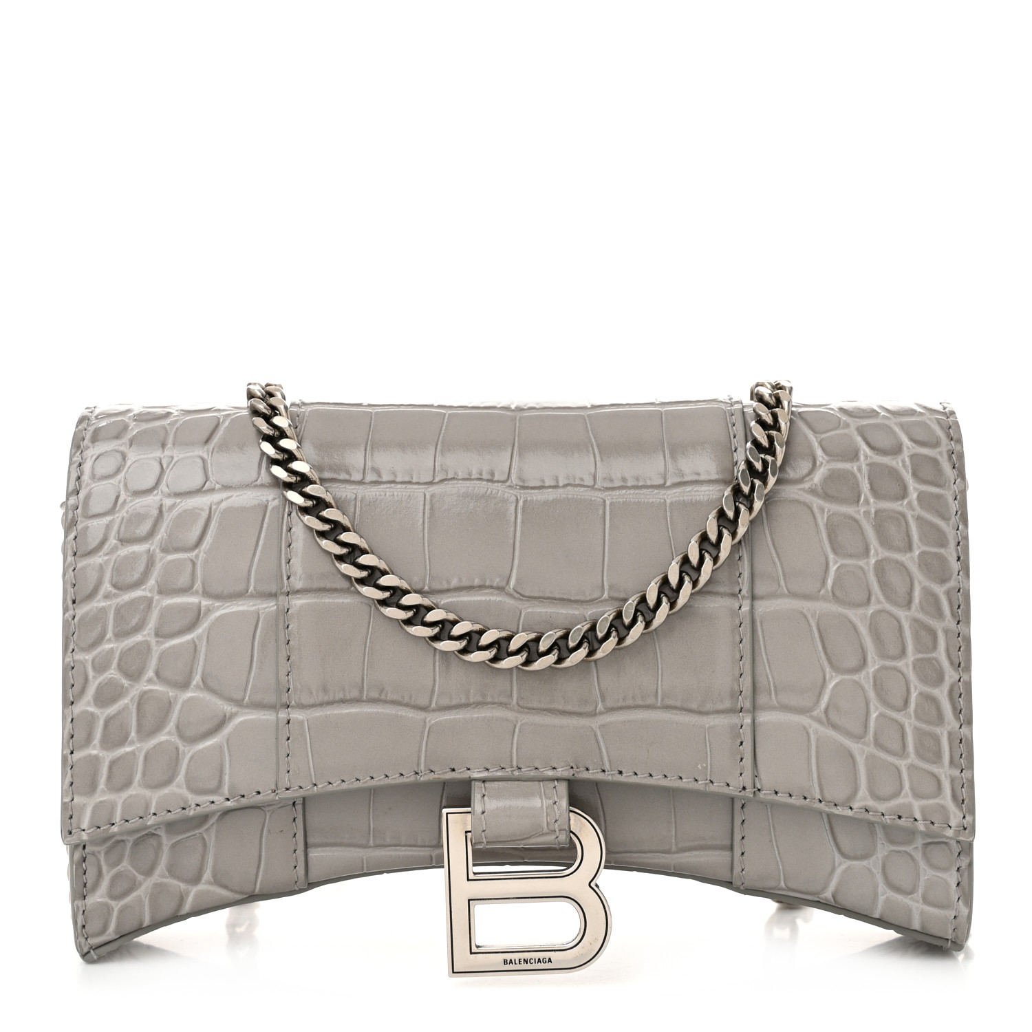 BALENCIAGA Shiny Calfskin Crocodile Embossed Hourglass Chain