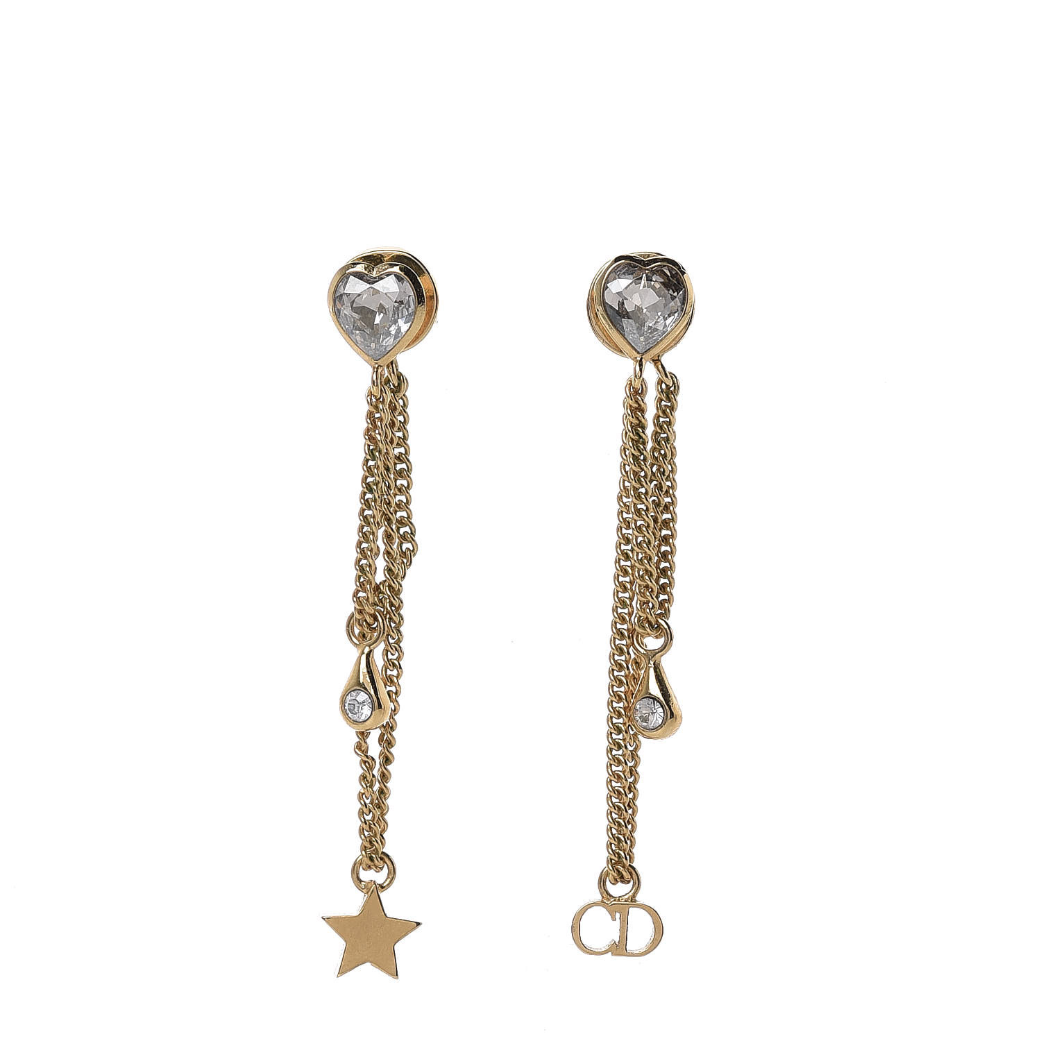 CHRISTIAN DIOR Crystal Heart Dangle Chain Earrings Gold