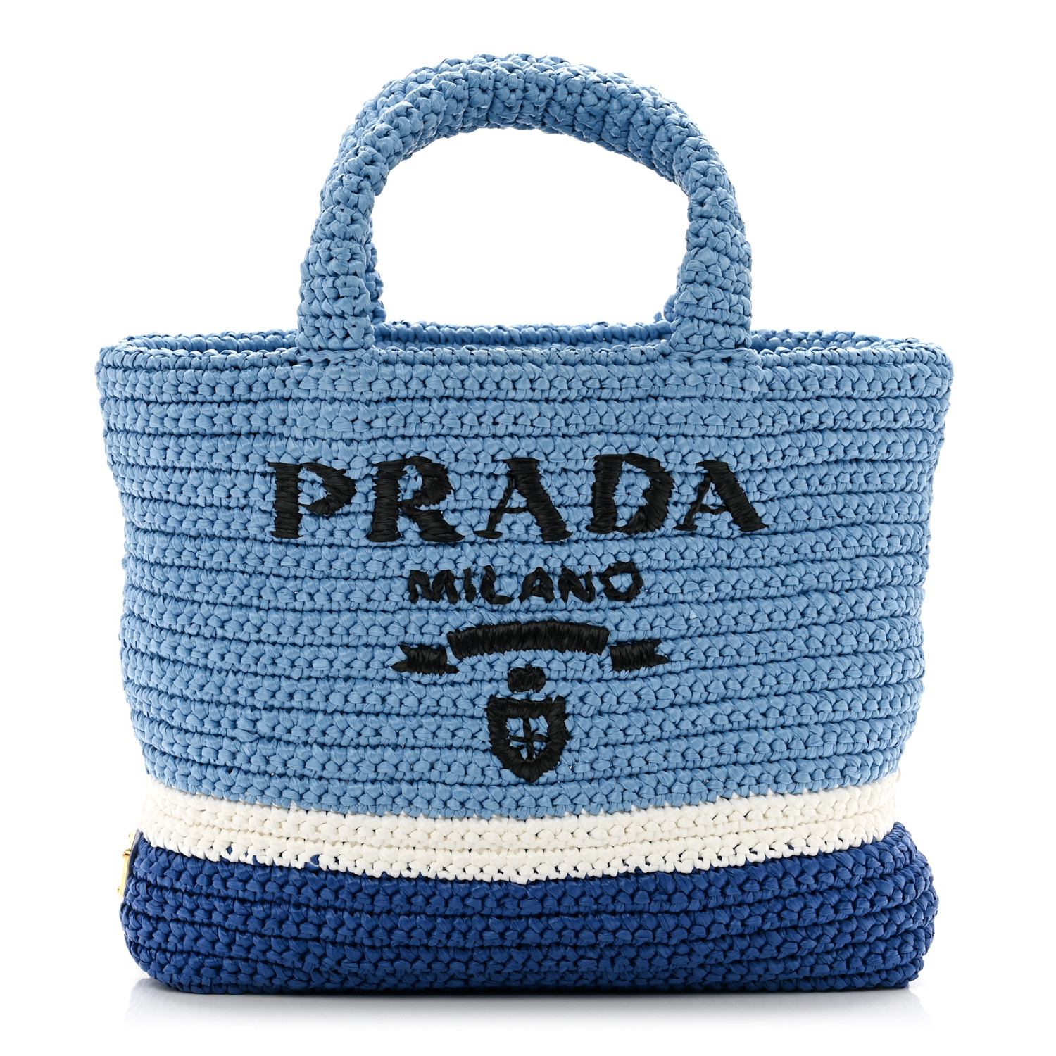 PRADA Yarn Raffia Effect Crochet Small Logo Tote Celeste