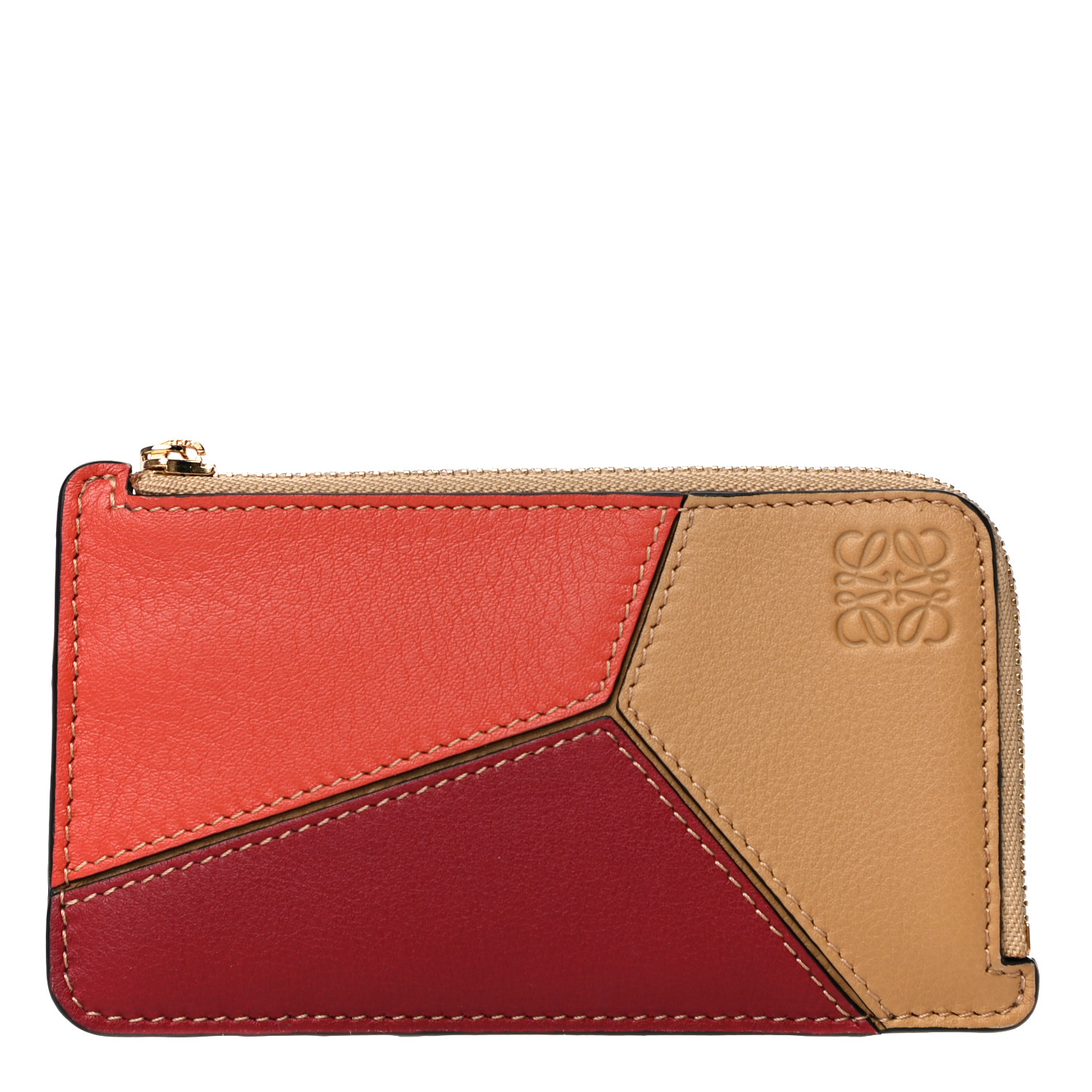 【関税&送料込】Loewe Tiziano Red Leather Card Holder LOEWE Calfskin Puzzle Colorblock Coin Card Holder Deep Red