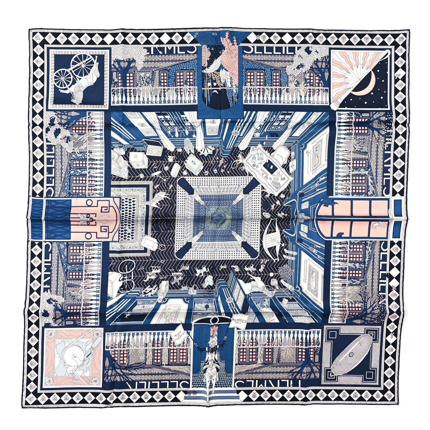 HERMES Silk Objets De Curiosite Scarf 90 Marine Rose Poudre