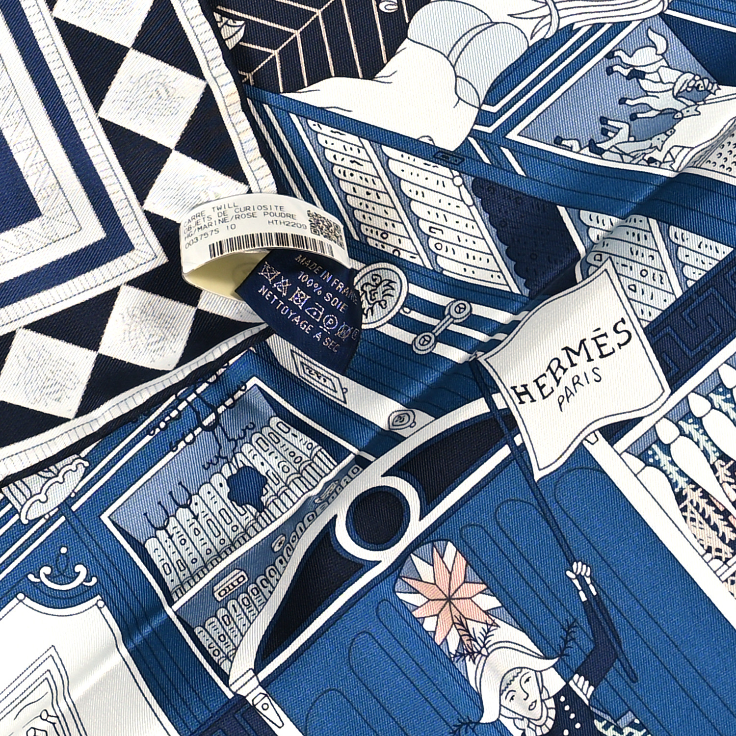 HERMES Silk Objets De Curiosite Scarf 90 Marine Rose Poudre