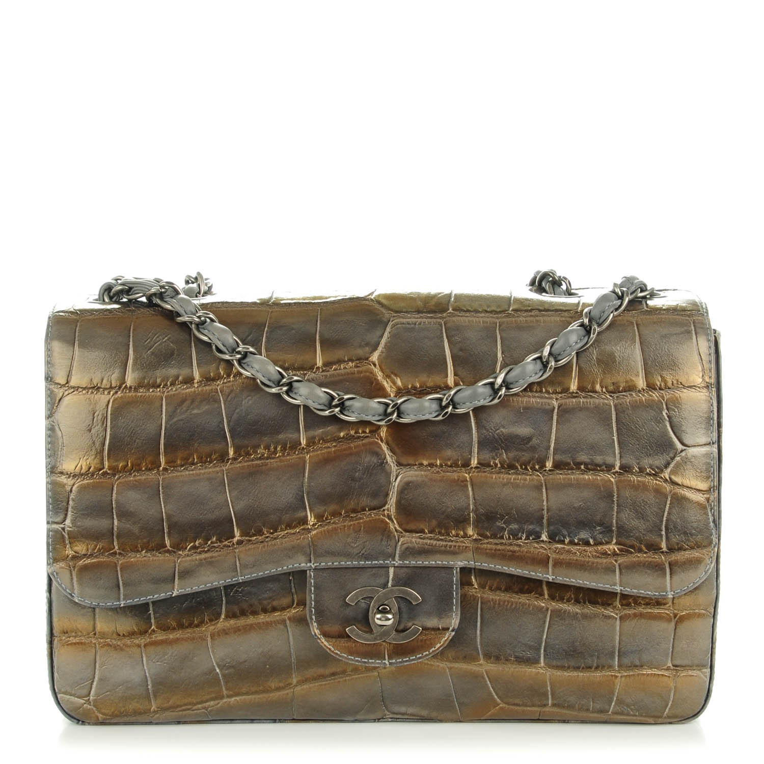 CHANEL Metallic Alligator Jumbo Single Flap Grey 141929