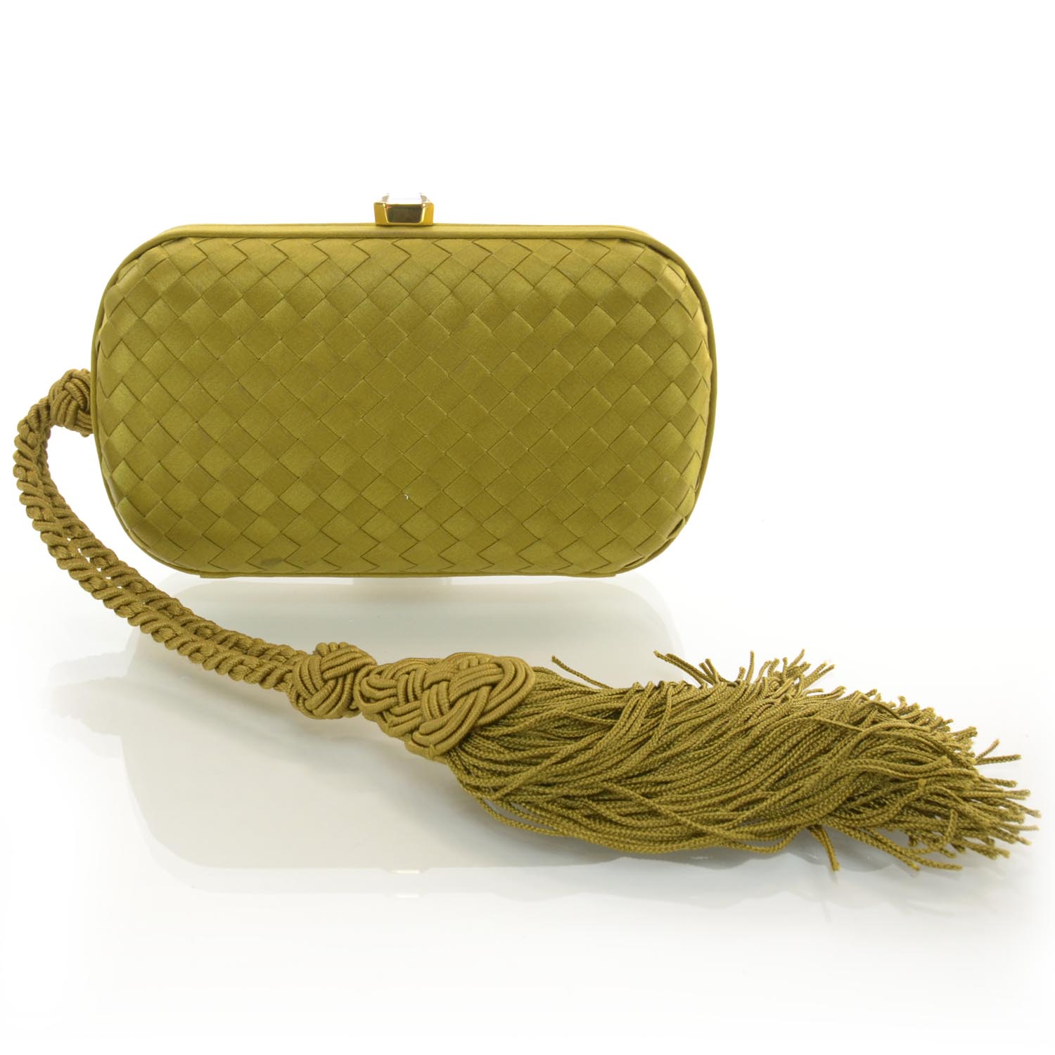 BOTTEGA VENETA Silk Woven Intrecciato Tassel Clutch Green