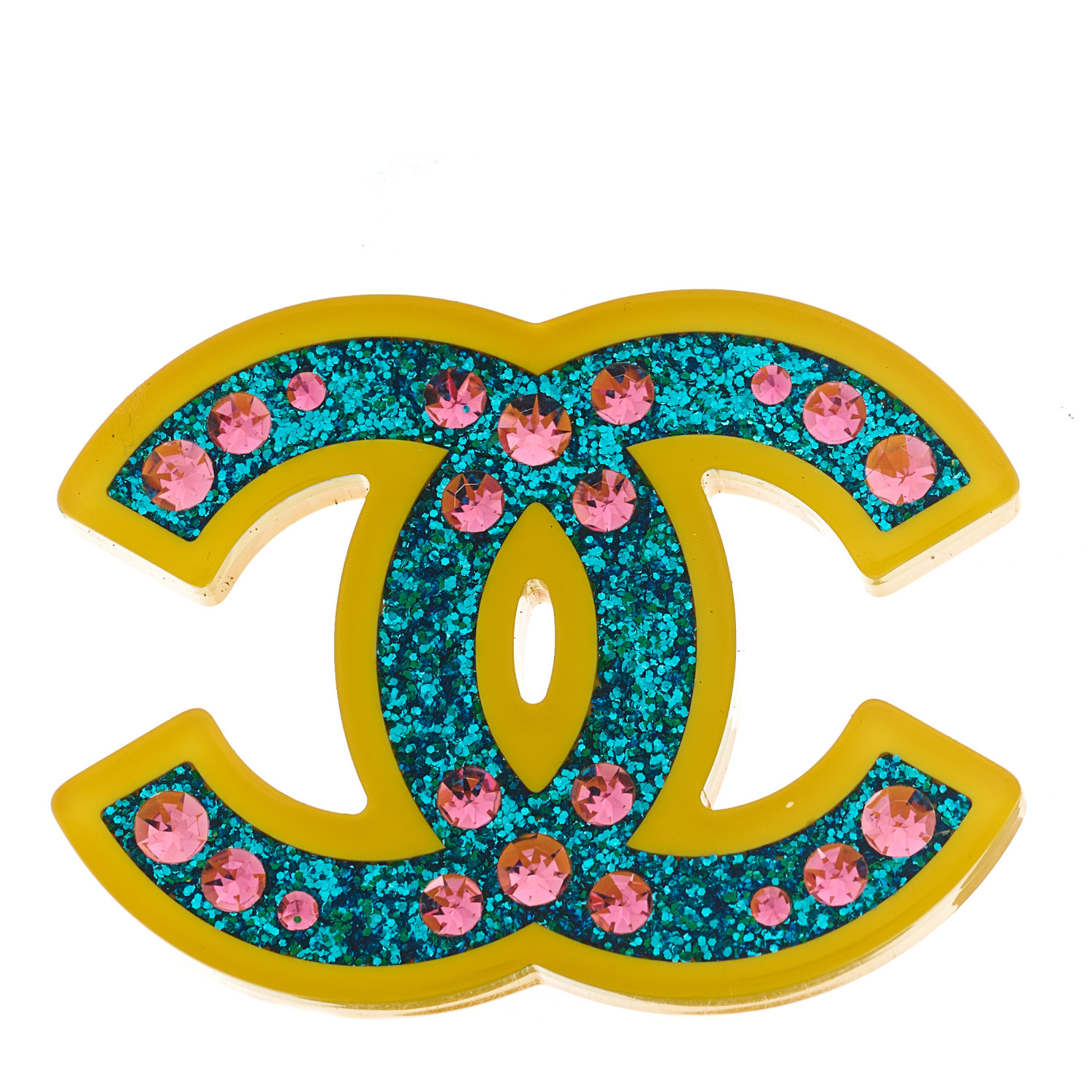 CHANEL Resin Glitter Crystal CC Brooch Yellow Blue 1502990