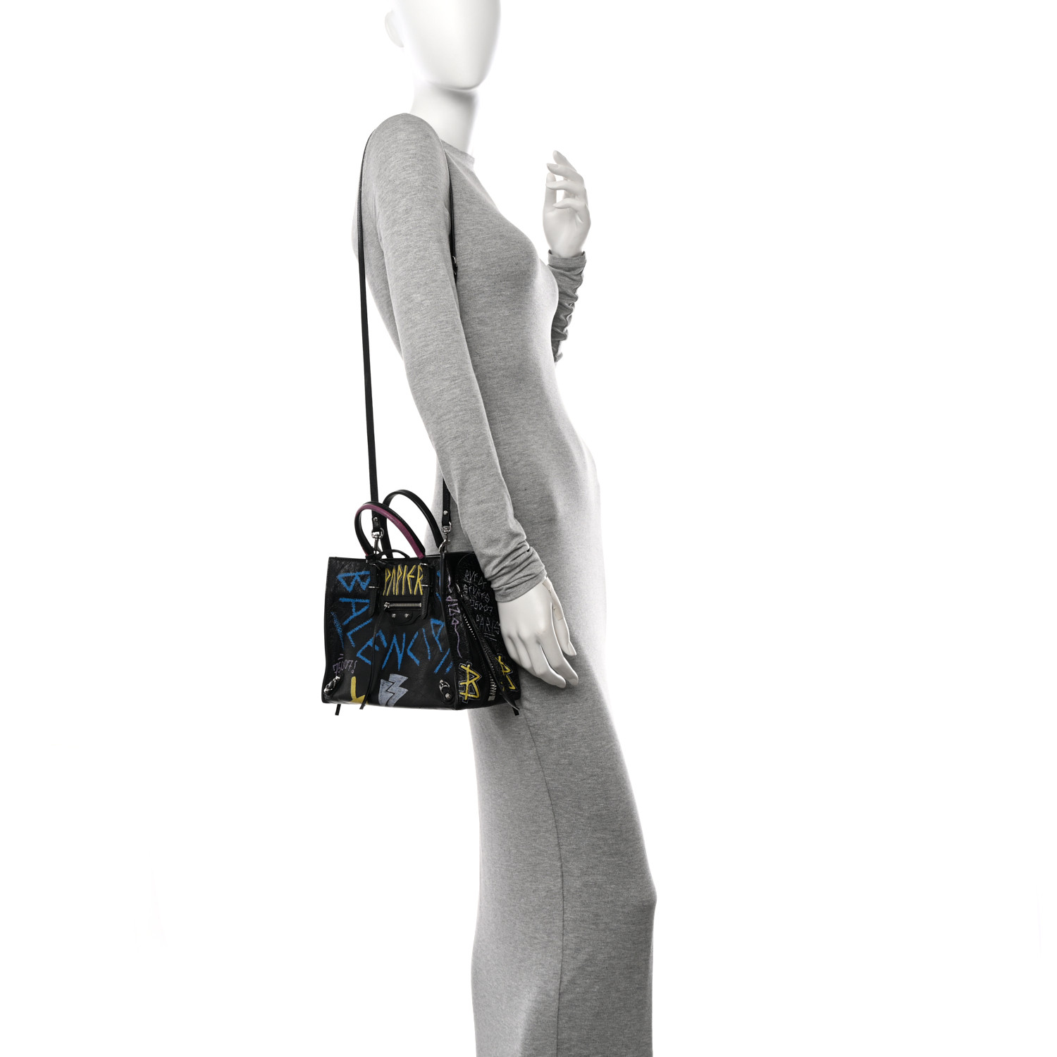 BALENCIAGA Agneau Graffiti Papier A6 Zip Around Tote Black