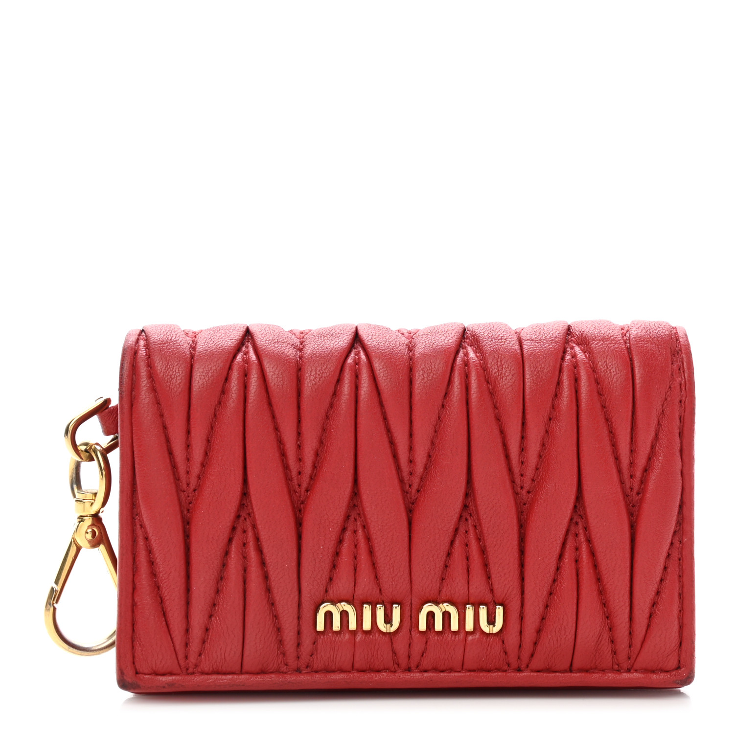 MIU MIU Nappa Matelasse Flap Card Holder Key Ring Fuoco
