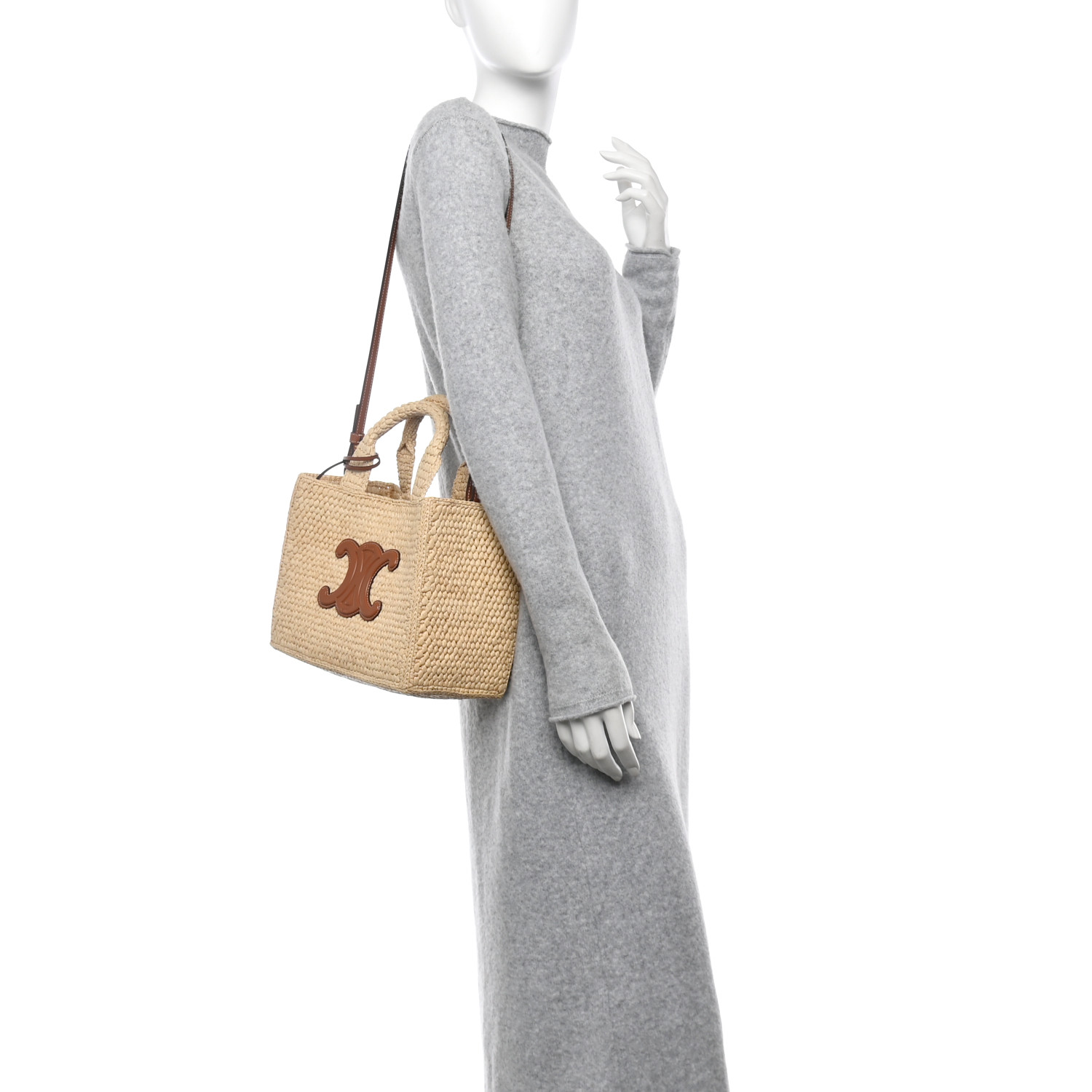 CELINE Raffia Calfskin Triomphe Small Cabas Thais Tan