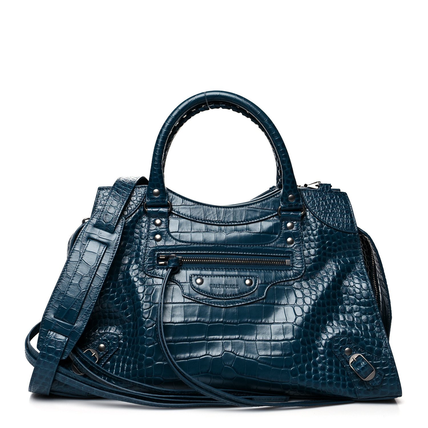 BALENCIAGA Calfskin Crocodile Embossed Neo Classic Silver
