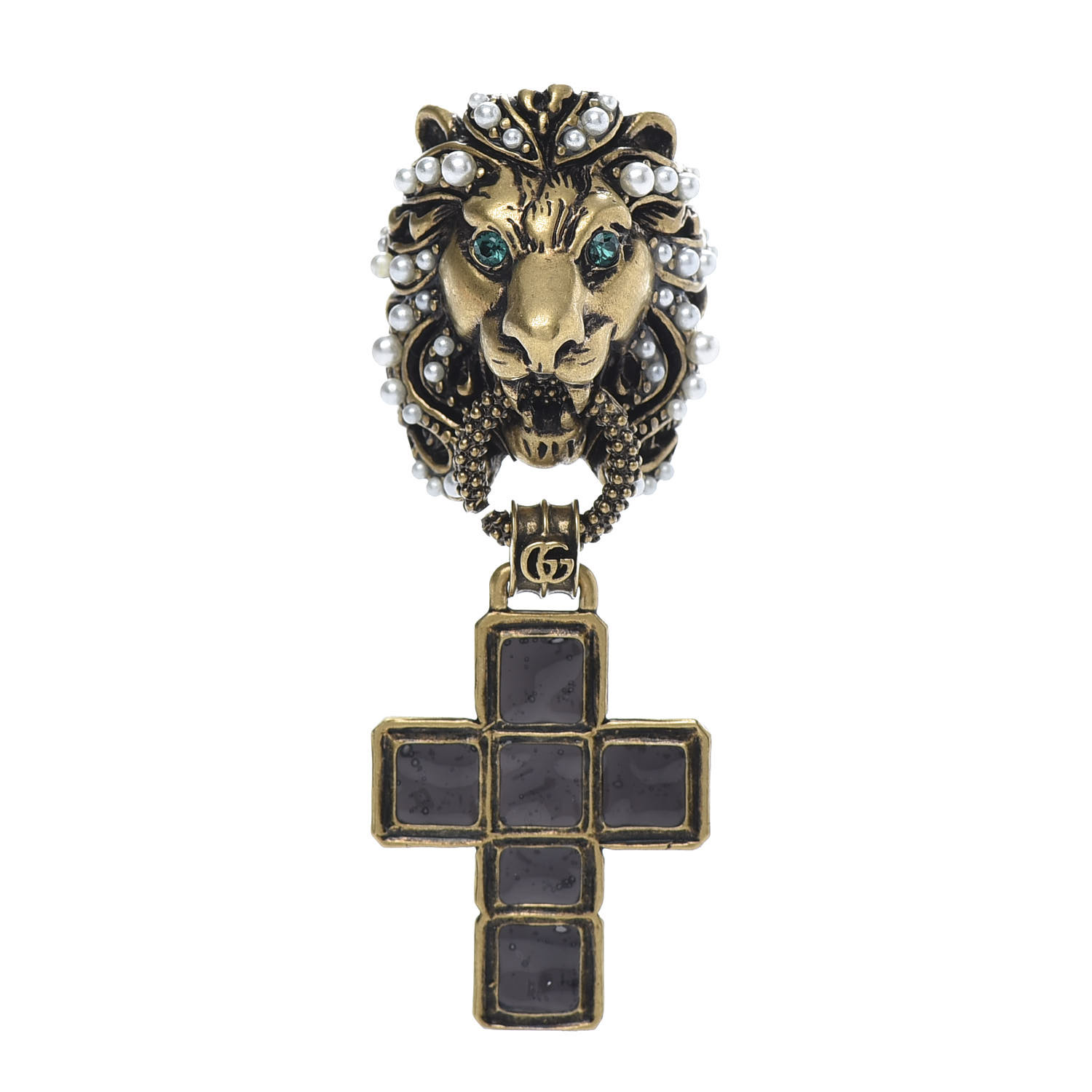 GUCCI Metal Crystal Pearl Lion Head Crucifix Ring S Gold