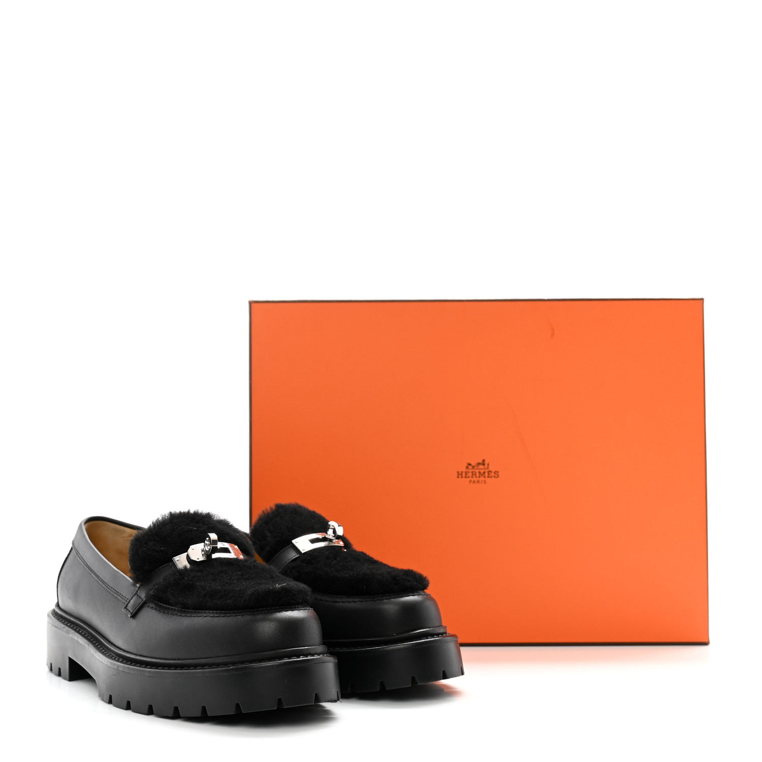 HERMES ローファー　37 HERMES Calfskin Shearling Icone Loafers 37 Black 1565627