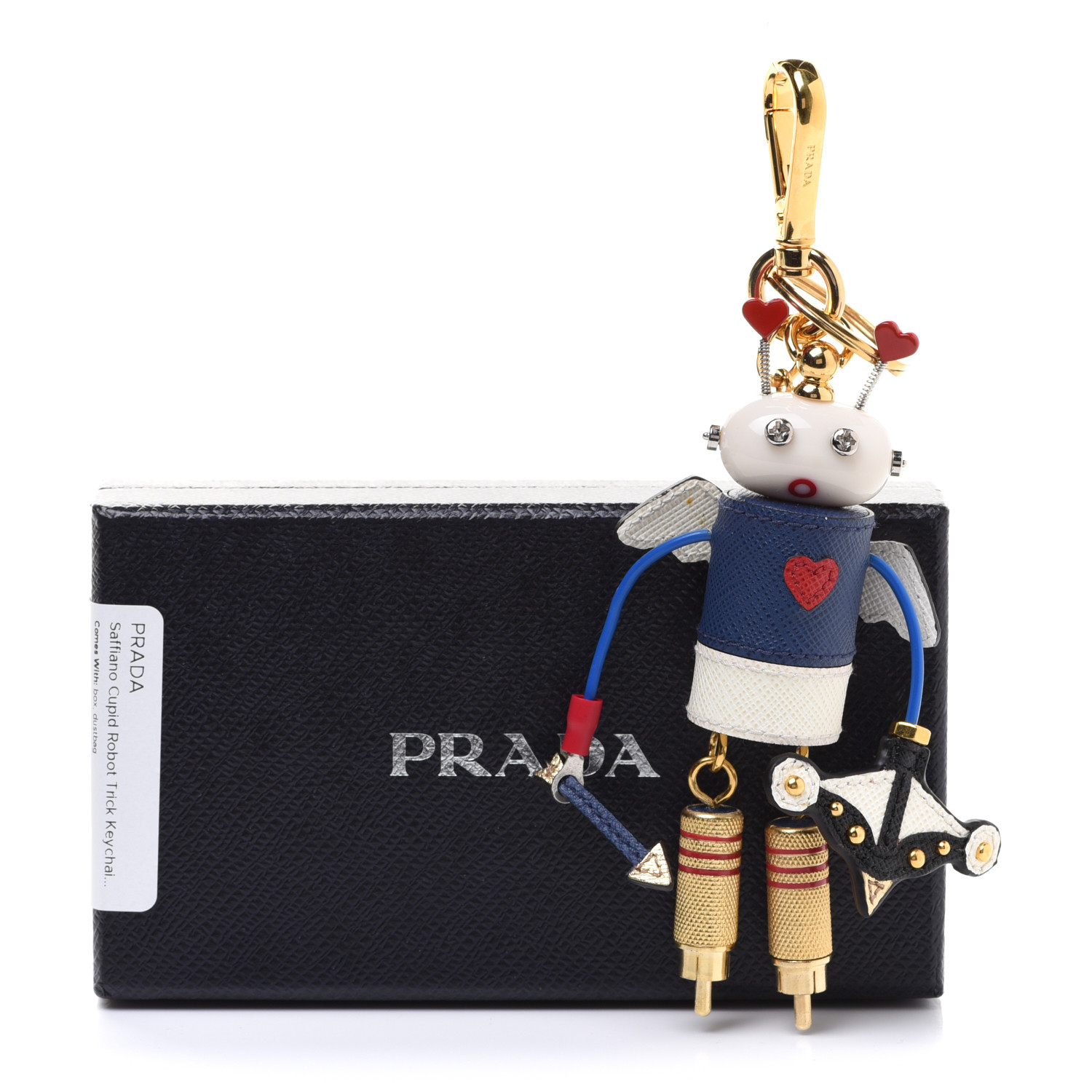 PRADA Saffiano Cupid Robot Trick Keychain Bright Blue White