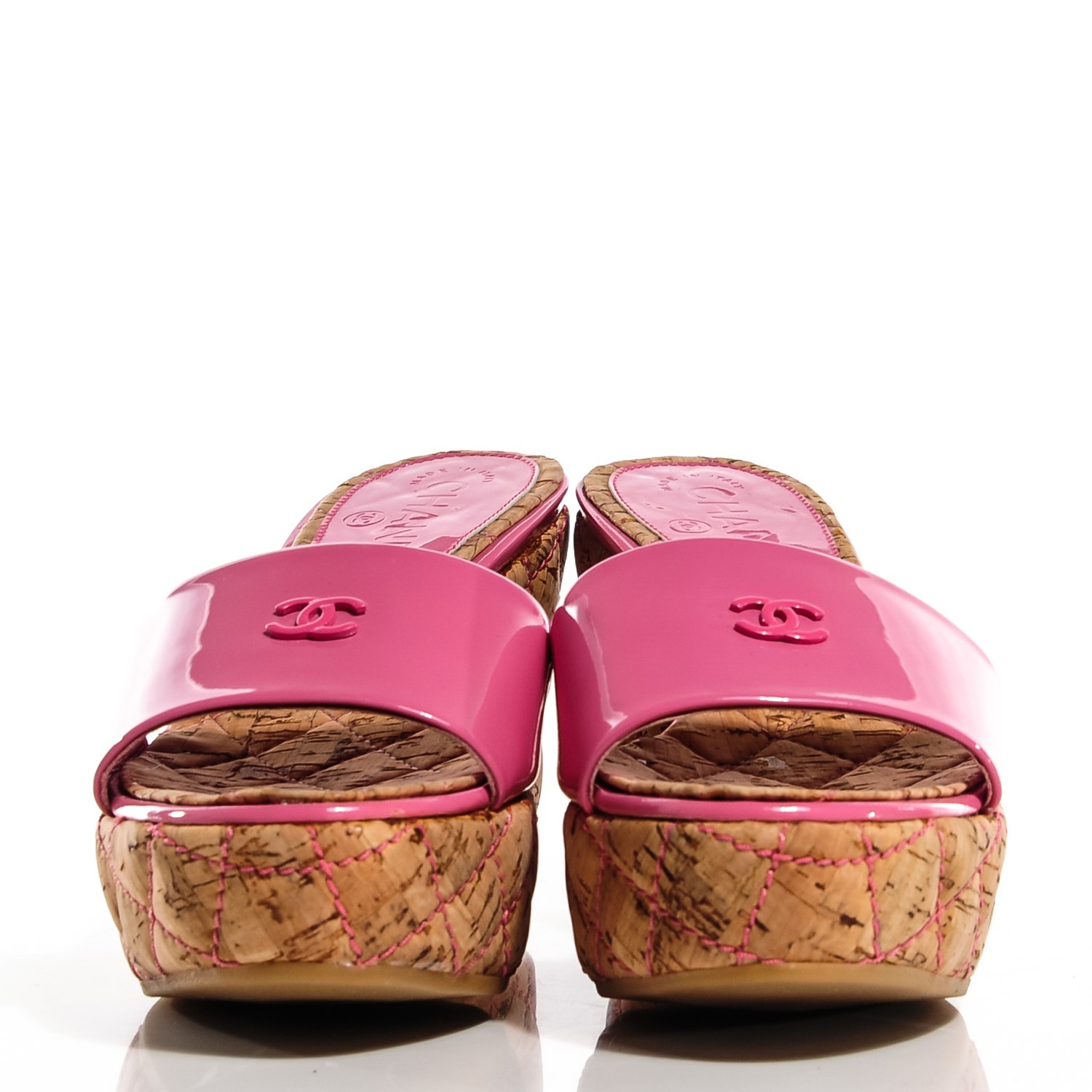 CHANEL Patent Cork Quilted CC Wedge Sandals 38 Pink 111845