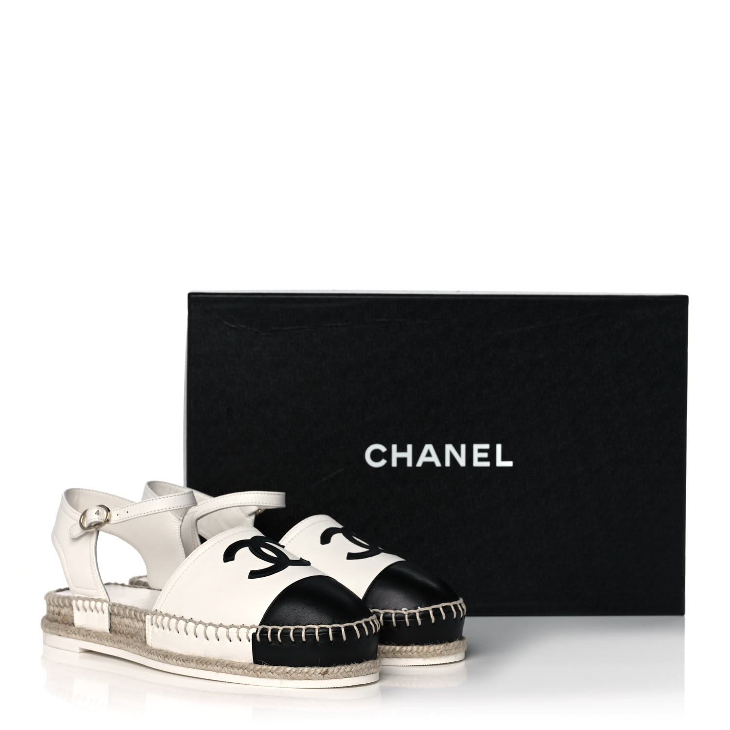 CHANEL Lambskin Cap Toe CC Espadrille Sandals 37 White Black