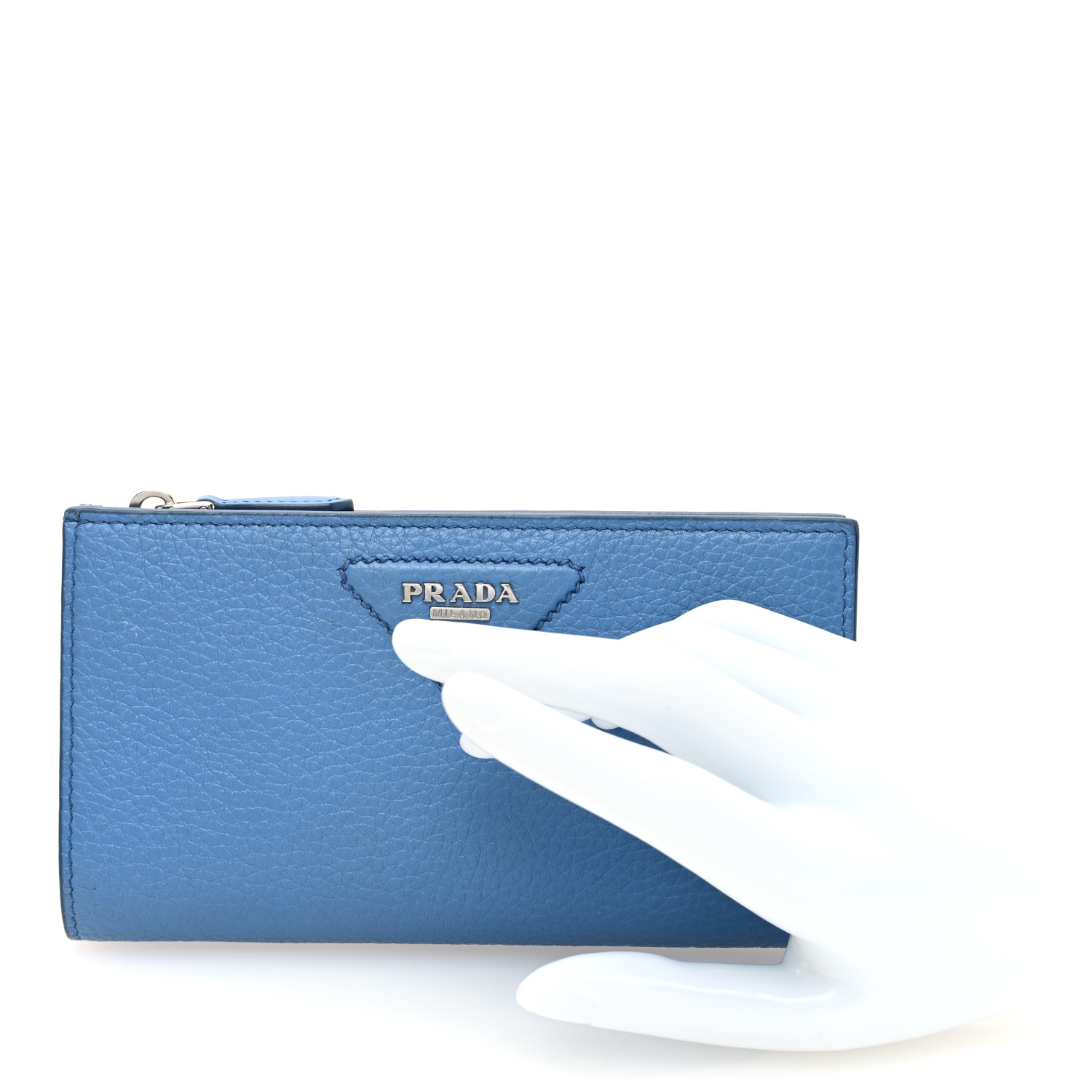 PRADA Vitello Daino Triangle Continental Zip Wallet Blue