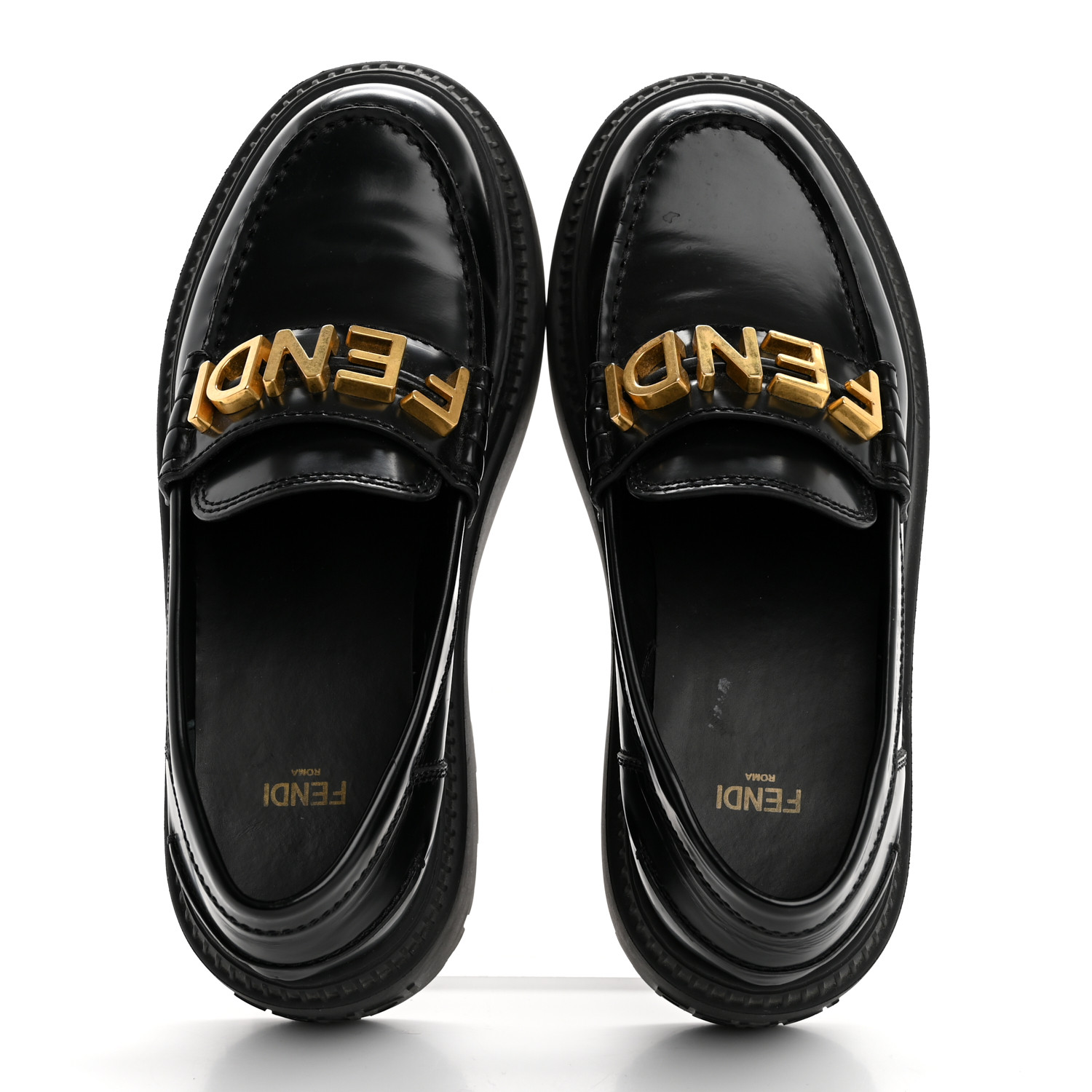 【Fendi】Fendigraphy ローファー ブラック ゴールドロゴ FENDI Vitello Abrasivato Fendigraphy 50mm Loafers 36 Black