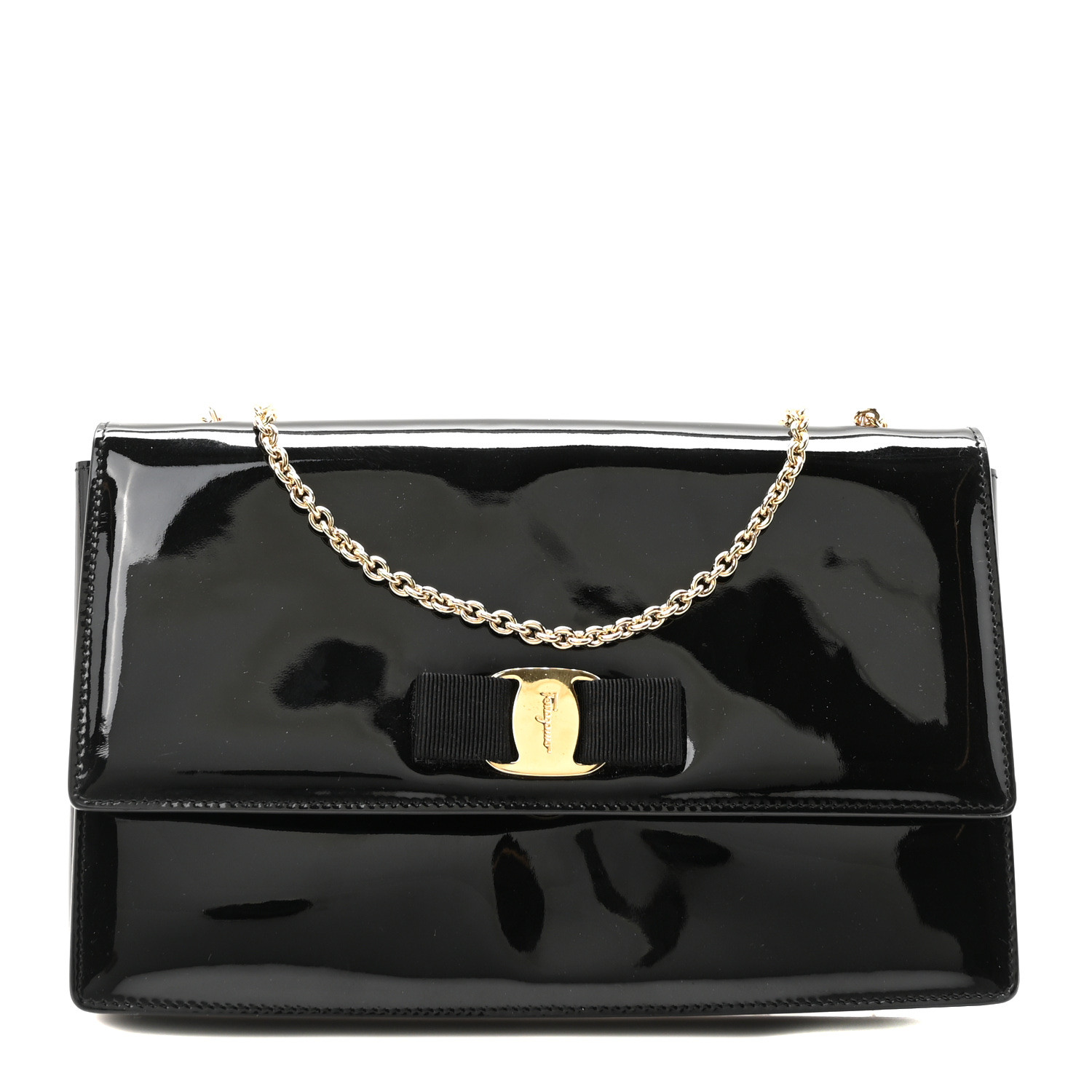 SALVATORE FERRAGAMO Patent Ginny Vara Bow Shoulder Bag Black