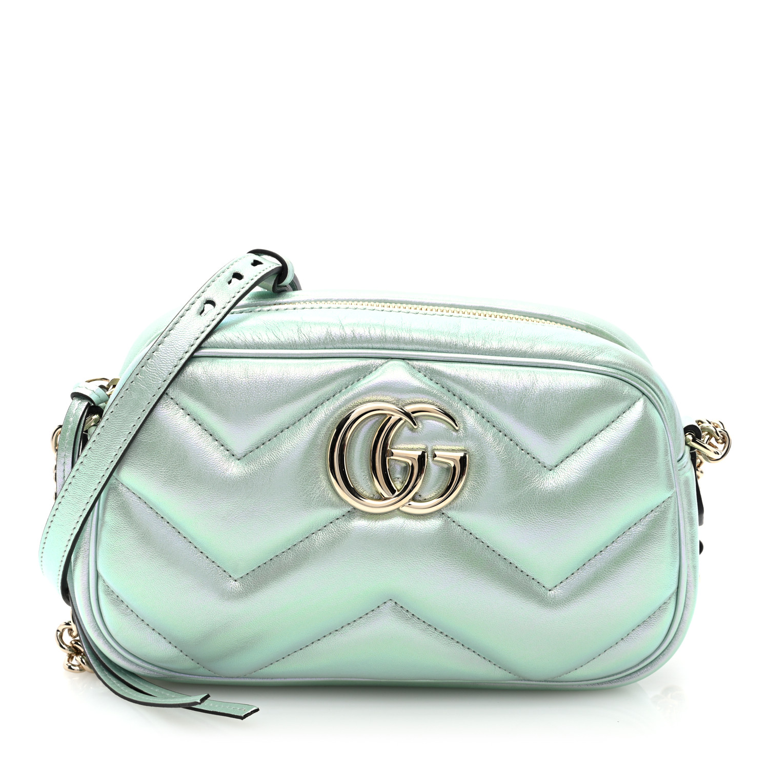 【GUCCI】GGMarmont2ChevronQuiltedNappaFlapBagIrideSalvyGreen GUCCI Iridescent Nappa Chevron Matelasse Small GG Marmont