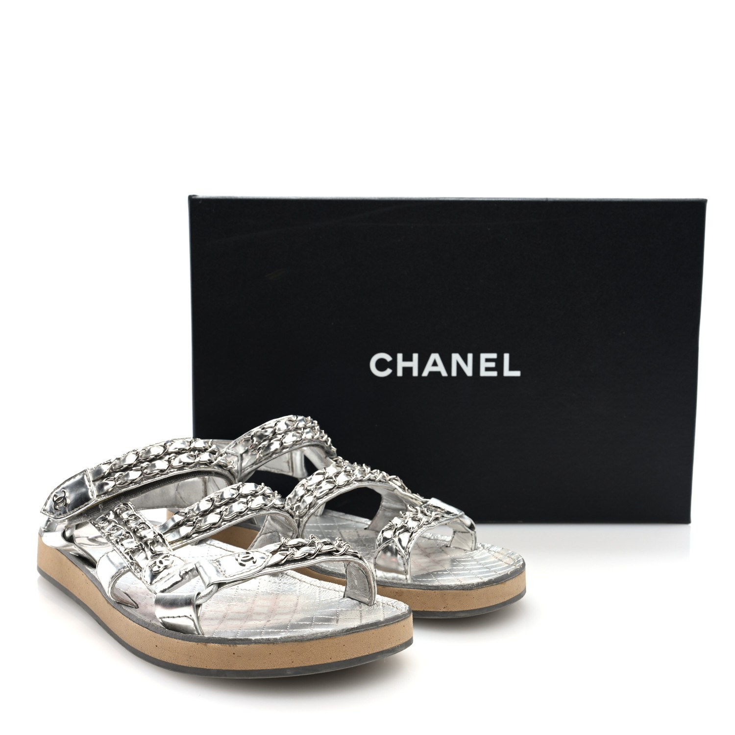 CHANEL Metallic Laminated Goatskin Chain Flat Sandals 39
