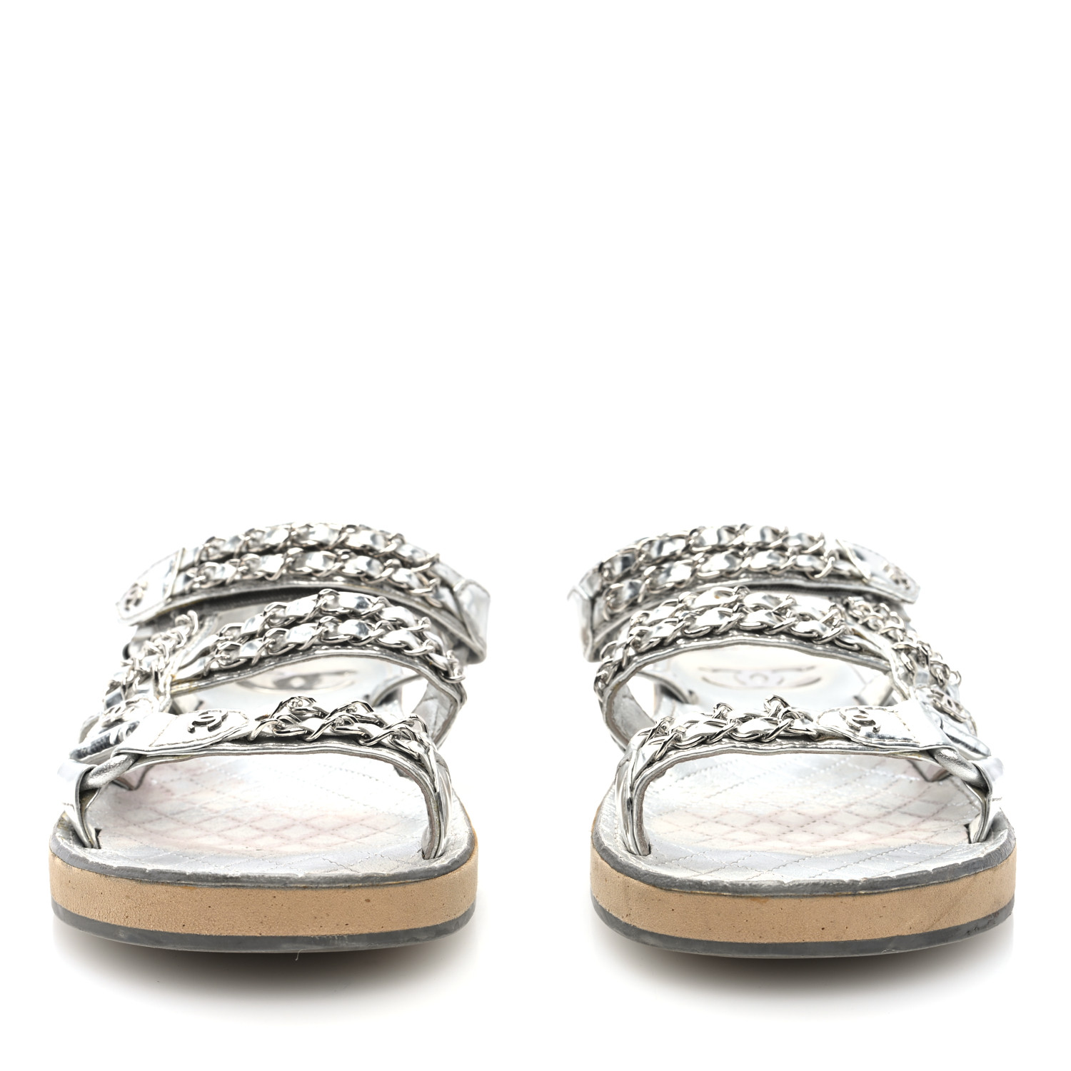 CHANEL Metallic Laminated Goatskin Chain Flat Sandals 39