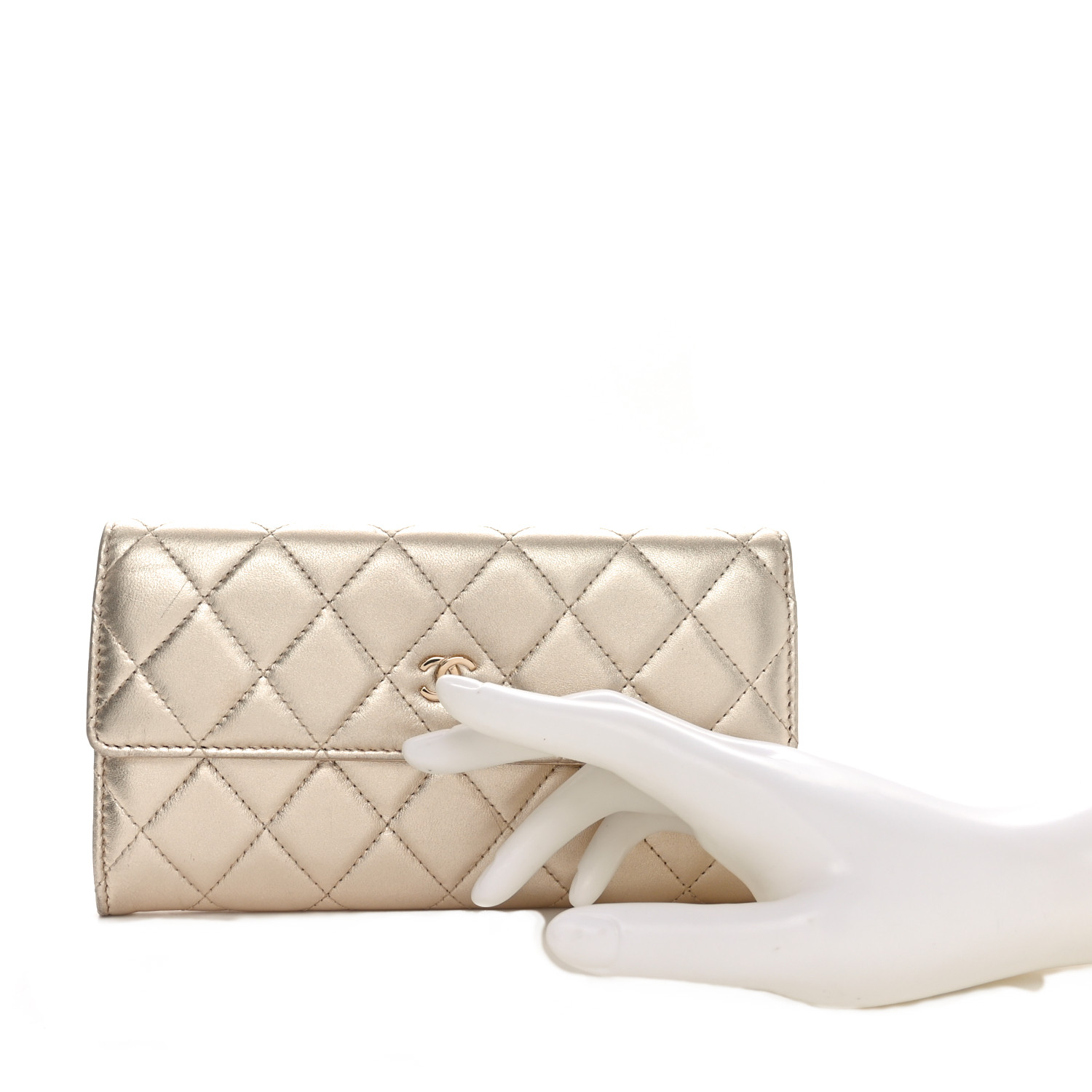 CHANEL Metallic Lambskin Quilted Large Gusset Flap Wallet