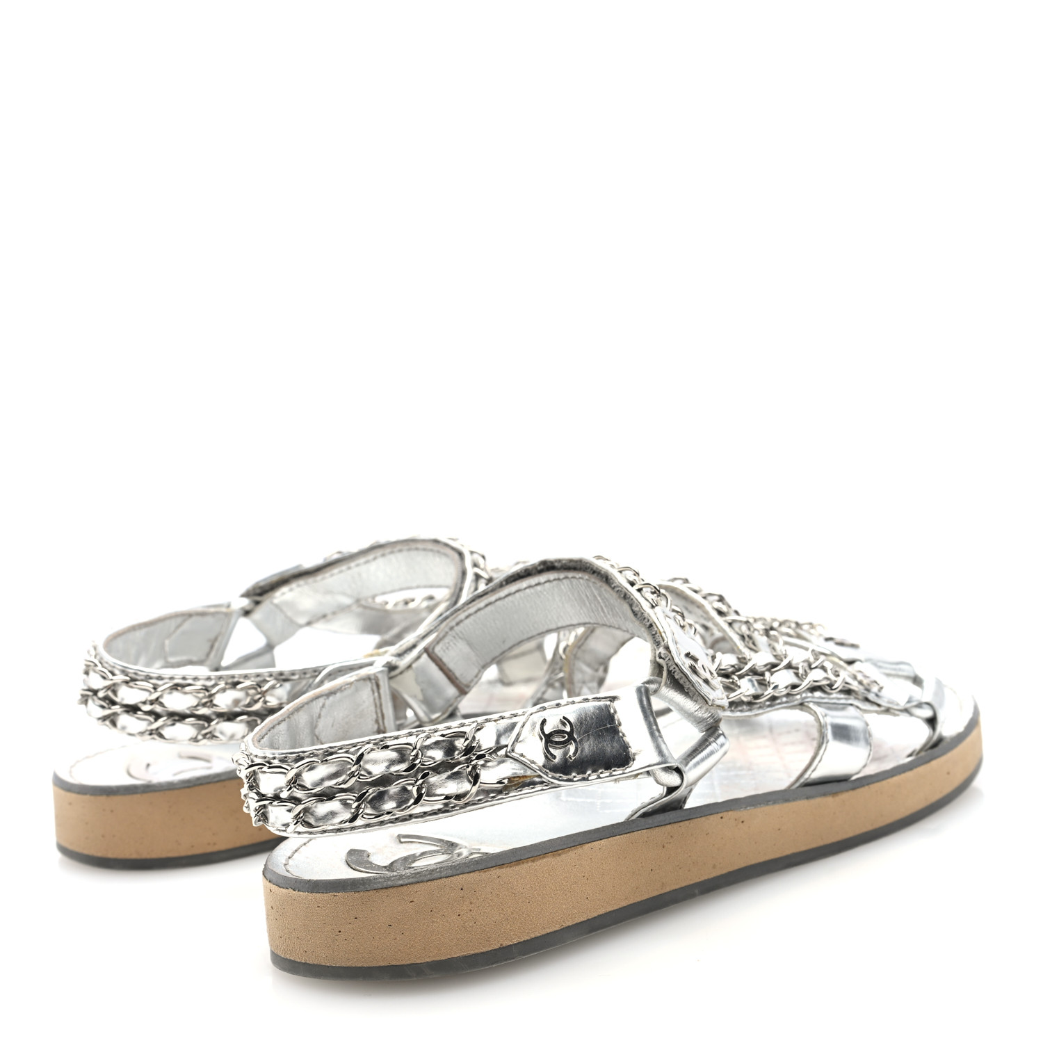 CHANEL Metallic Laminated Goatskin Chain Flat Sandals 39