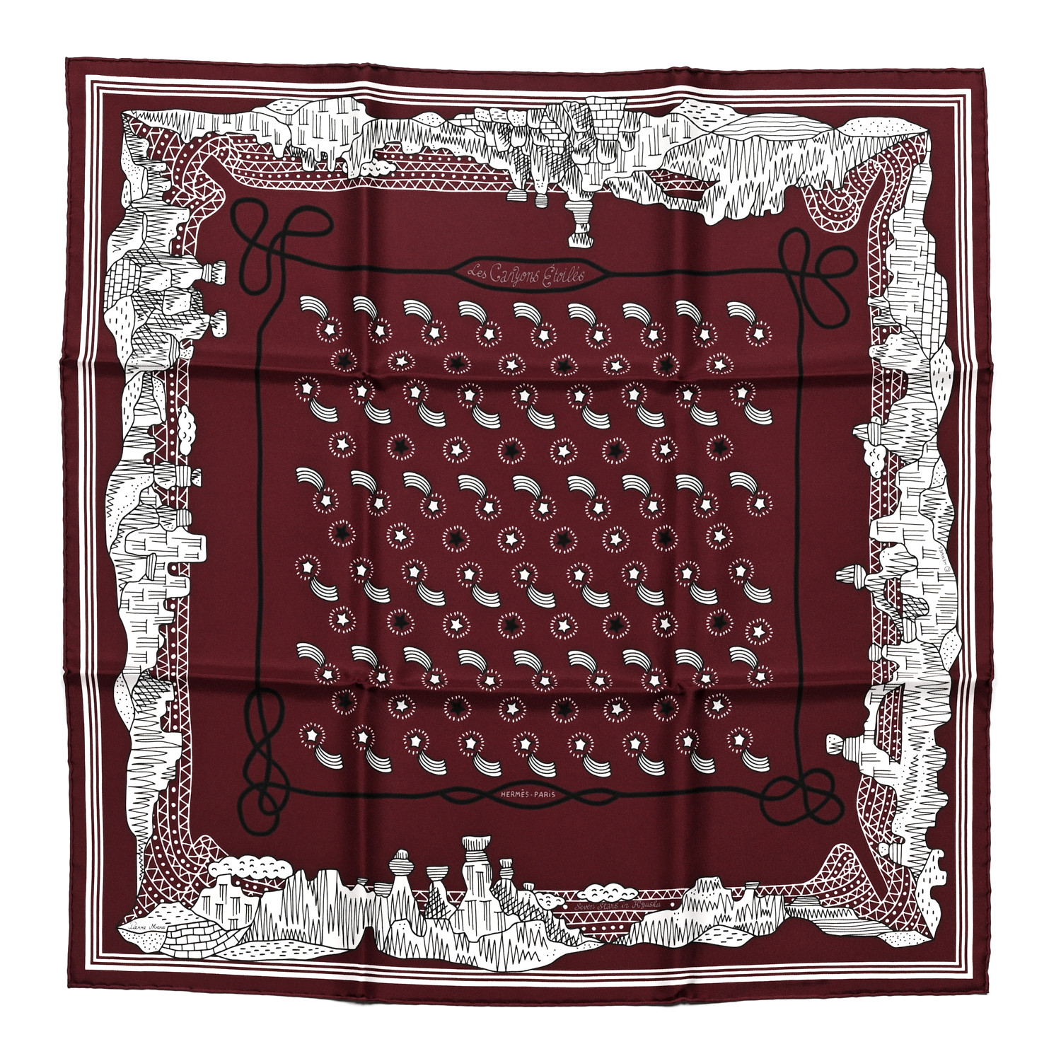 【クラシカル♡】HERMES Les Canyons Etoiles バンダナ HERMES Silk Les Canyons Etoiles Bandana Scarf 55 Bordeaux