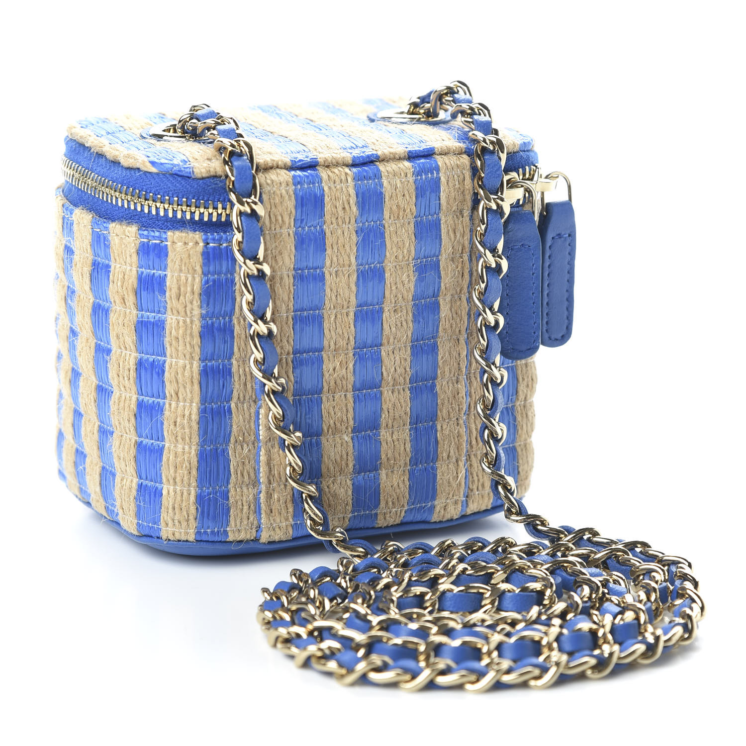 CHANEL Raffia Jute Striped Mini Vanity Case With Chain Blue