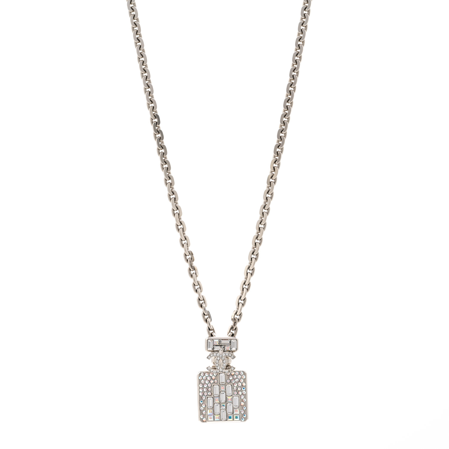CHANEL Metal Iridescent Crystal CC Perfume Bottle Necklace