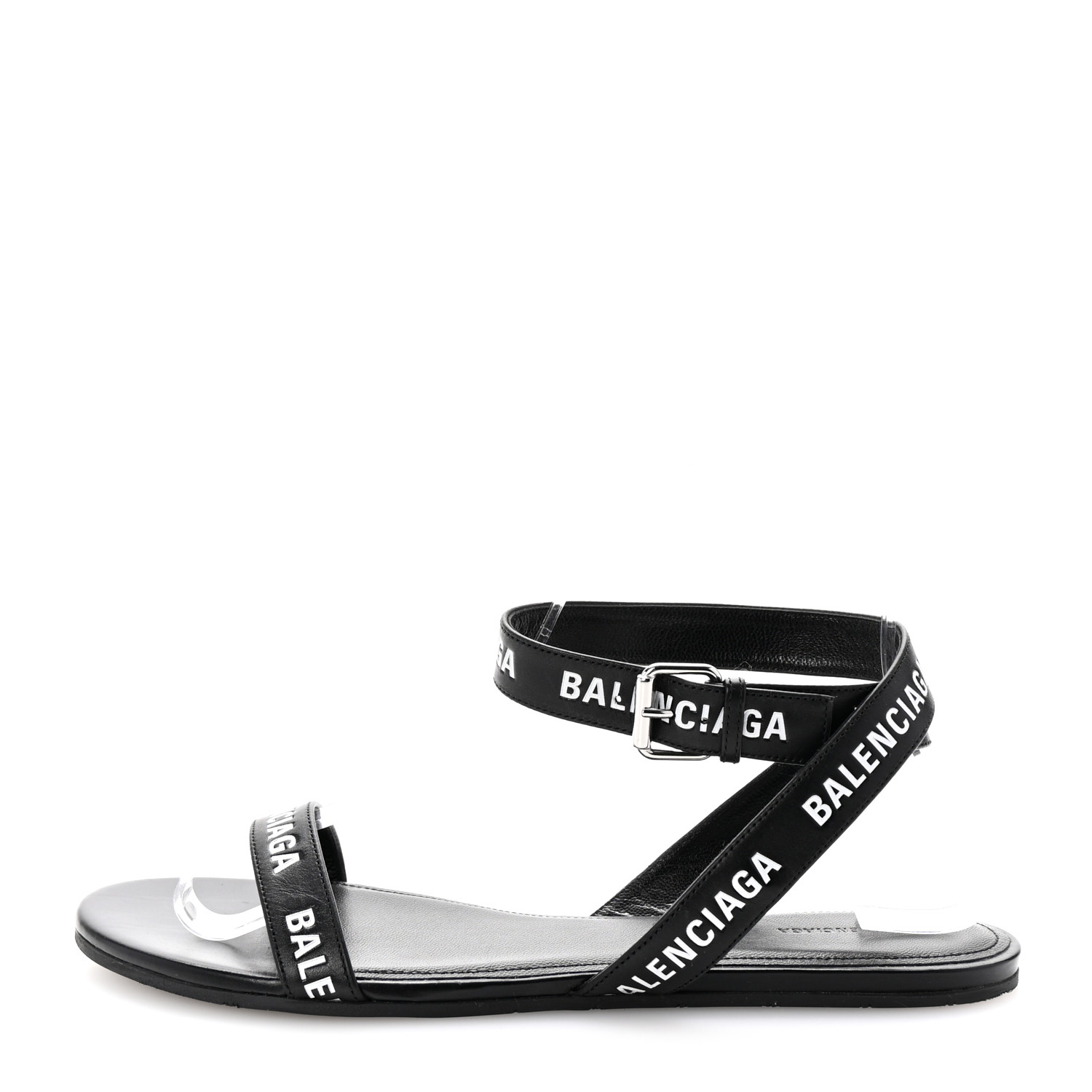 BALENCIAGA Calfskin Allover Logo Flat Sandals 38 Black White