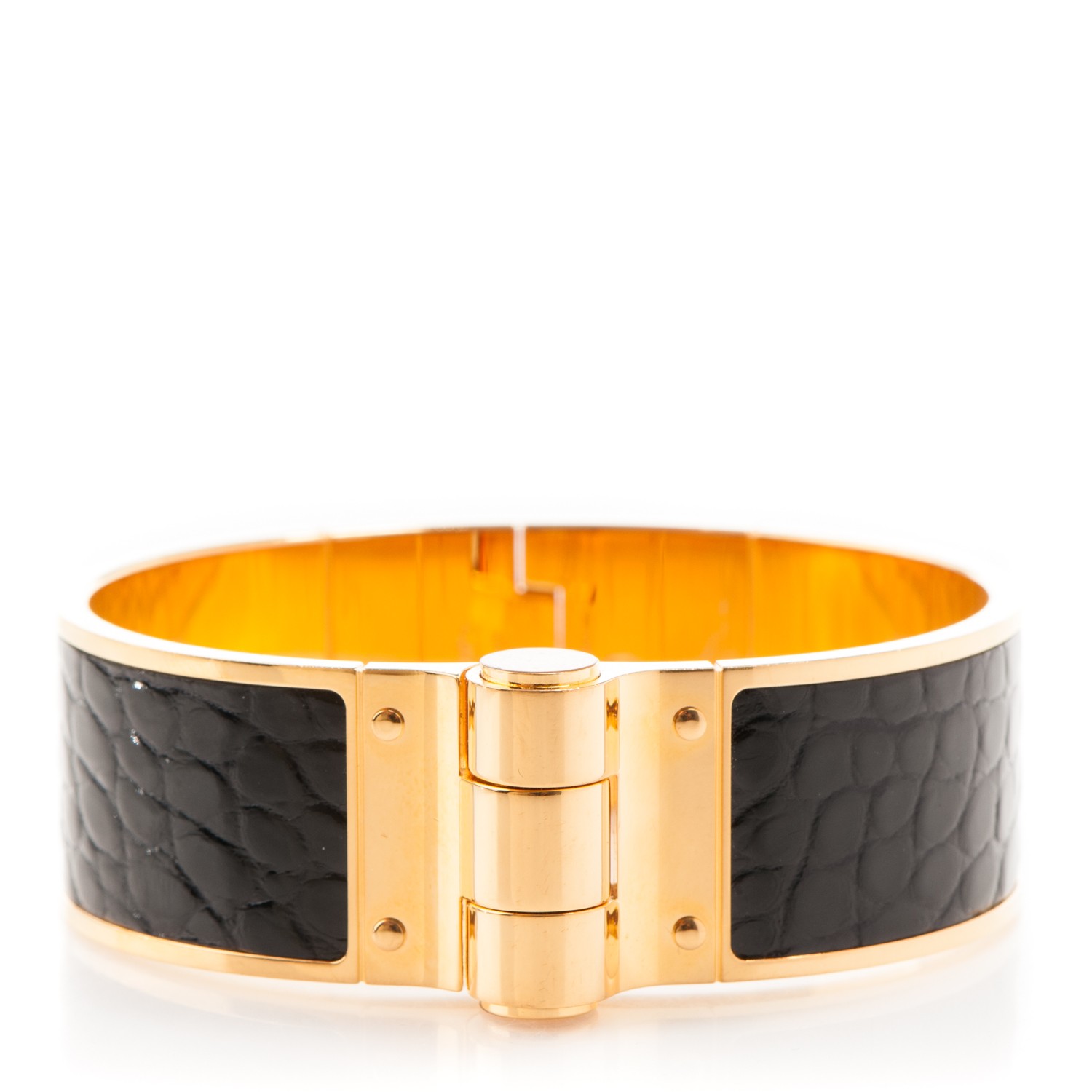 HERMES Shiny Alligator Charniere Cuir Wide Hinged Bracelet S