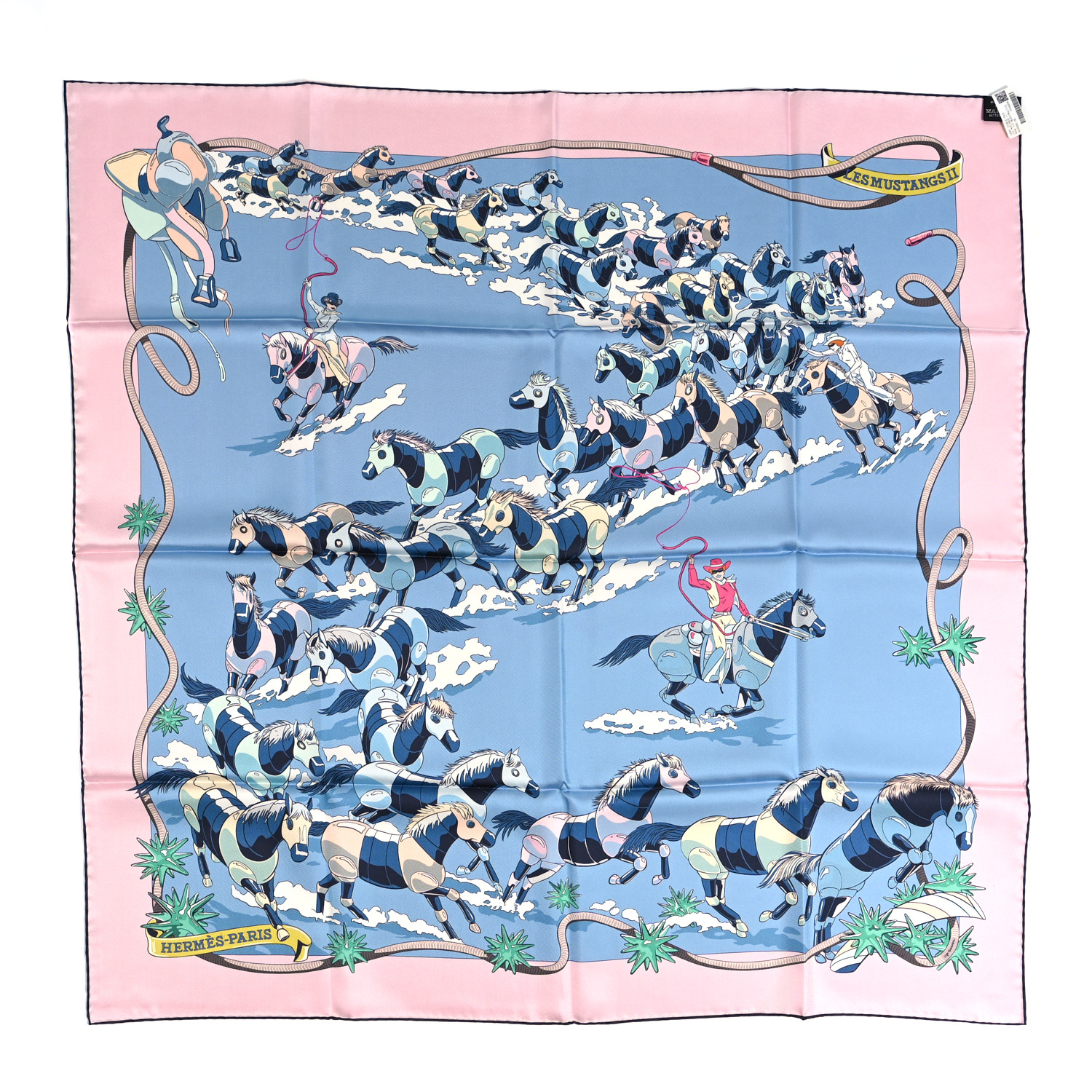 HERMES Silk Les Mustangs Double Face Scarf 90 Rose Vif Bleu