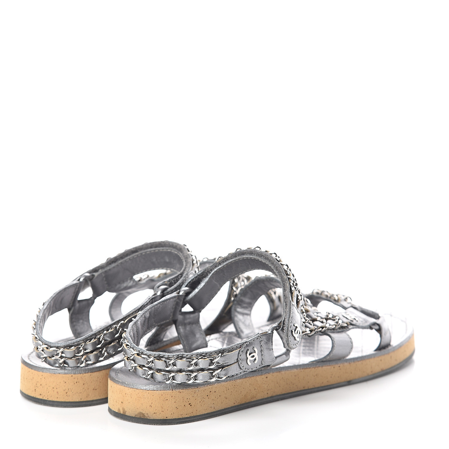 CHANEL Metallic Lambskin Chain Sandals 40 Silver 540625