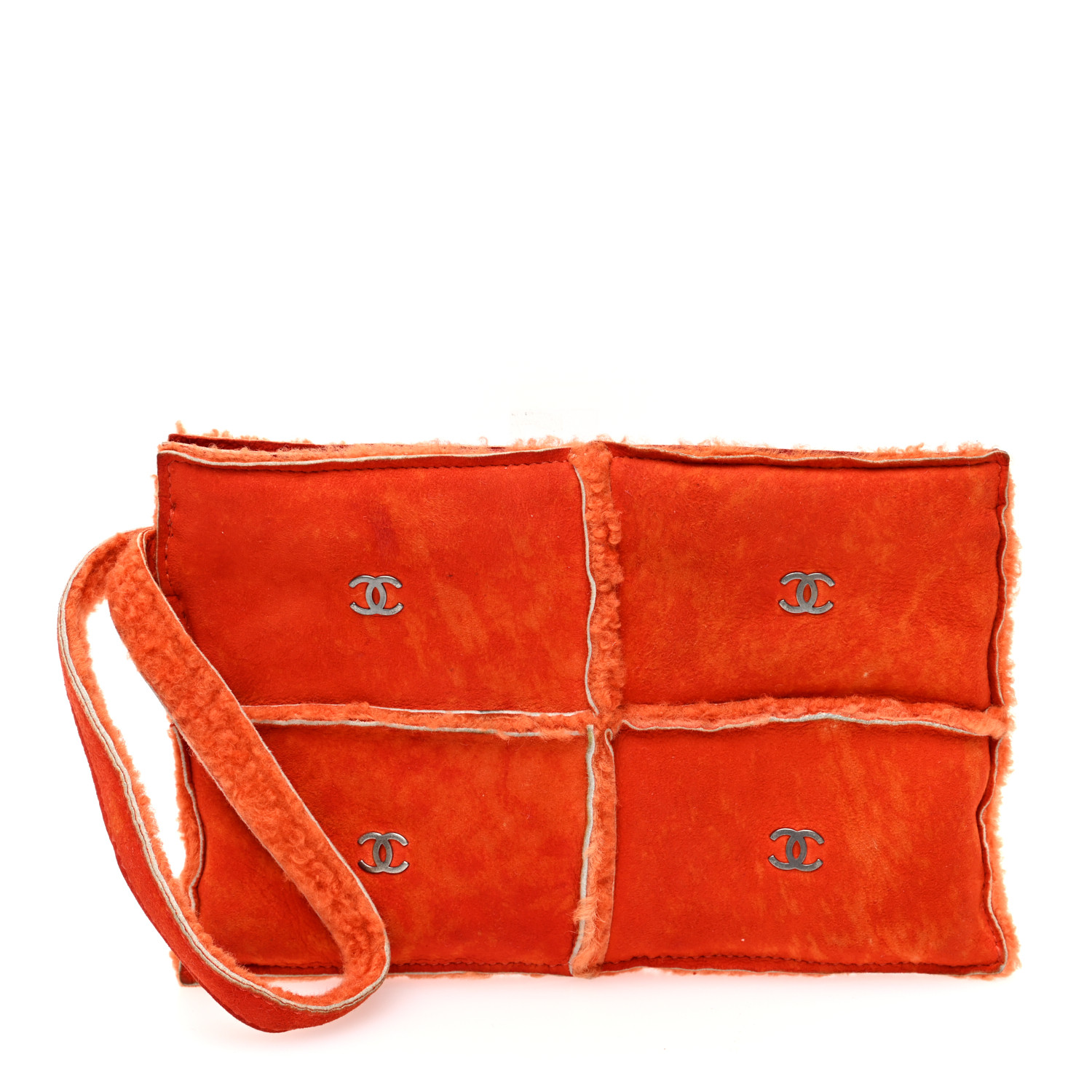 CHANEL Suede Shearling Fur Wristlet Orange 1632117