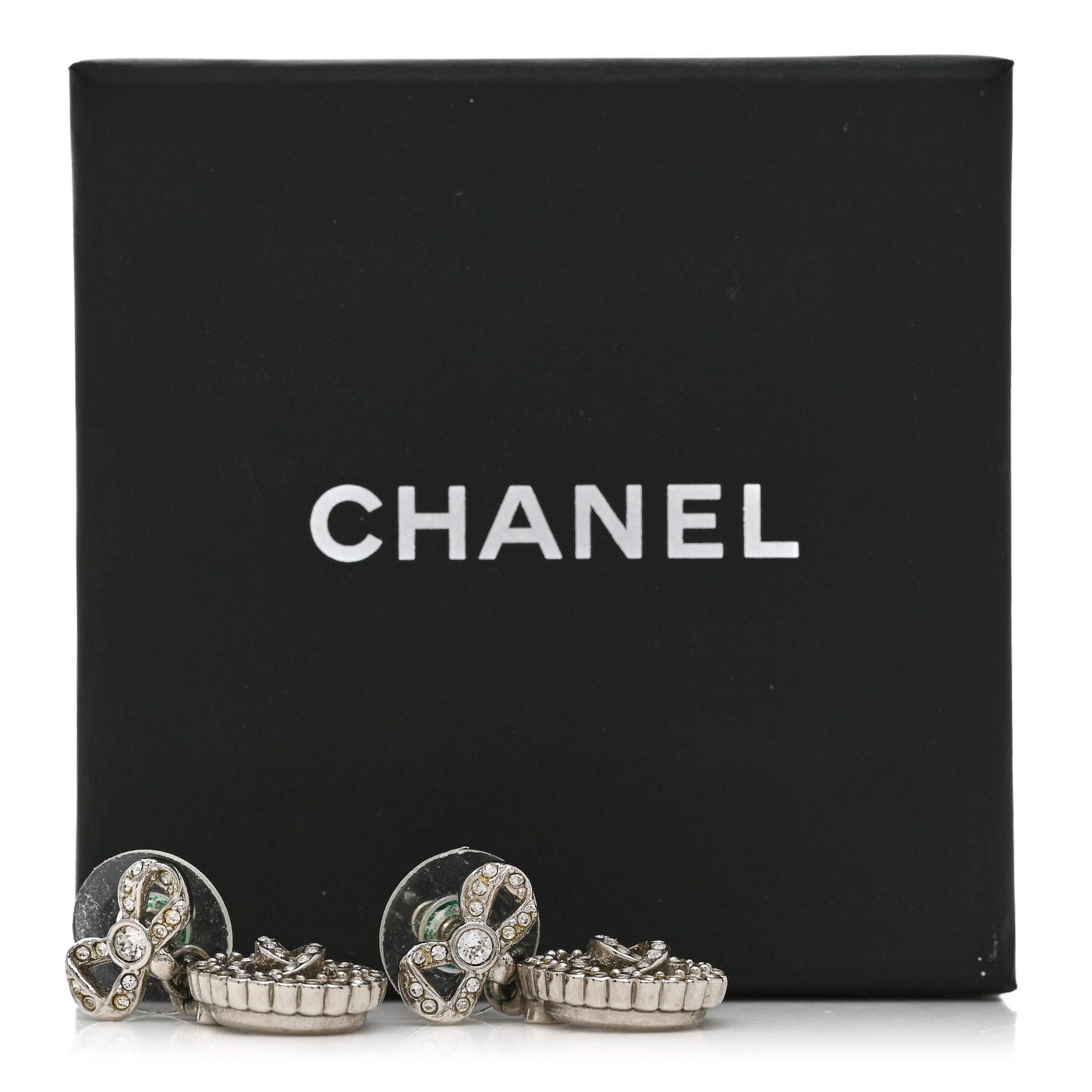 CHANEL Crystal CC Bow Drop Earrings Silver 1436139