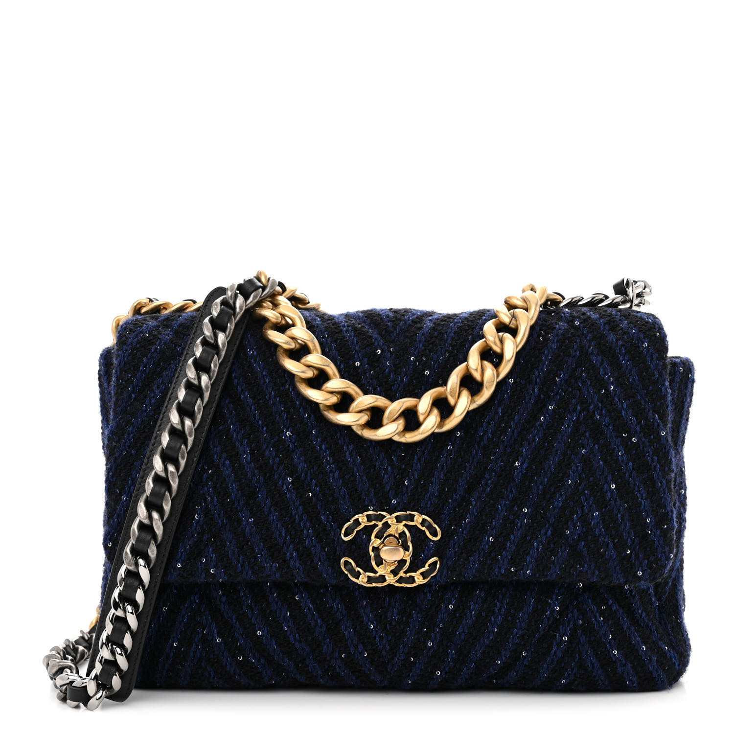 CHANEL Tweed Sequin Quilted Large Chanel 19 Flap Blue