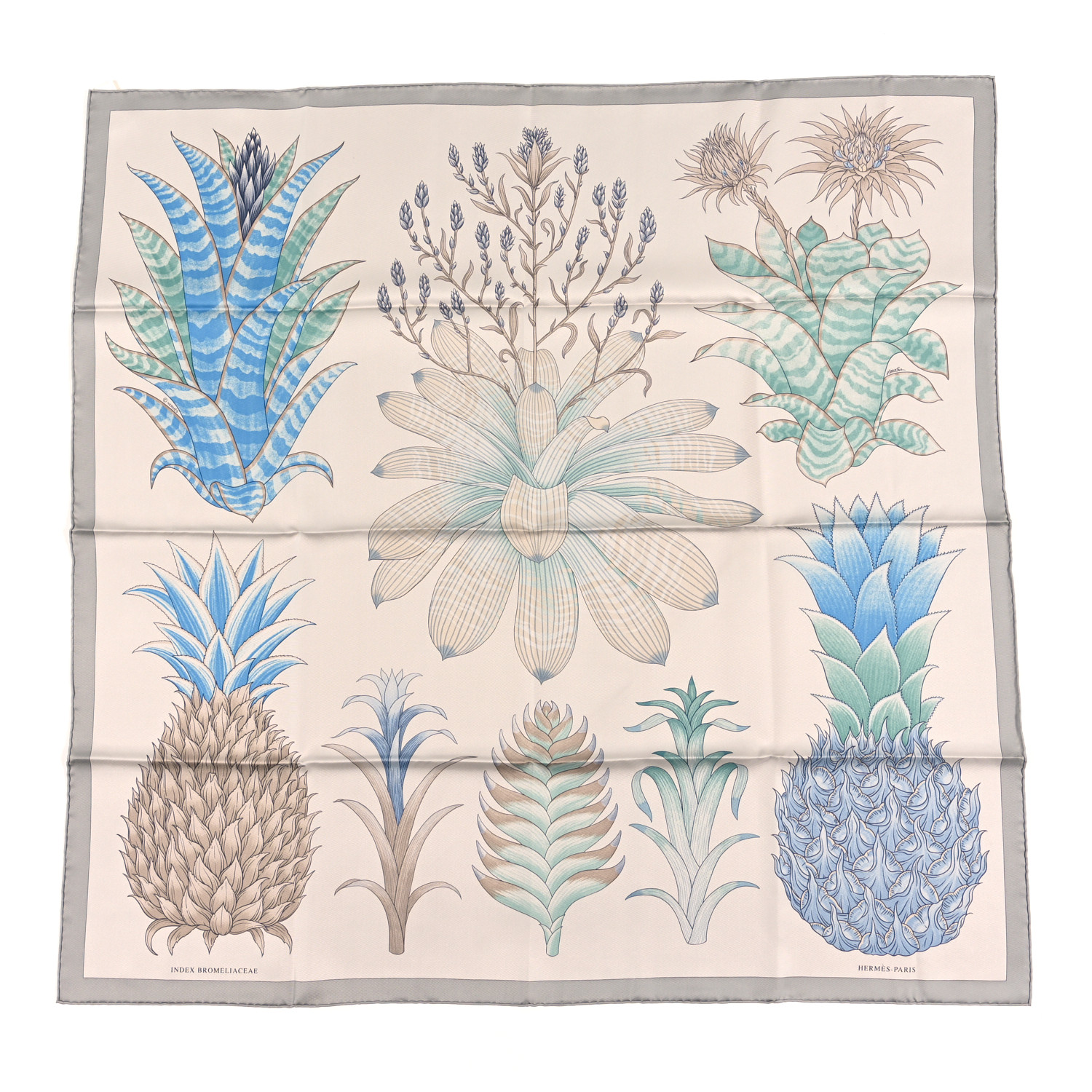 HERMES Silk Index Bromeliaceae Scarf 90 Gris Argent Bleu