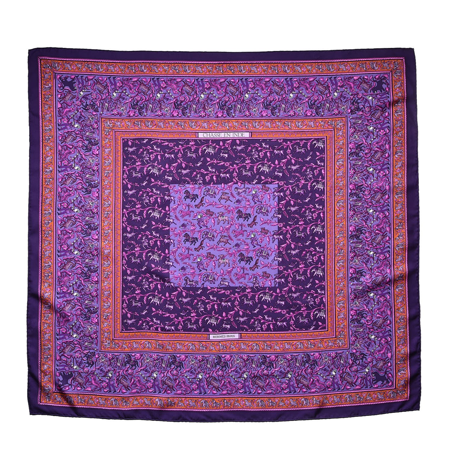 HERMES Silk Chasse En Inde Scarf 90 Violet Orange Rose