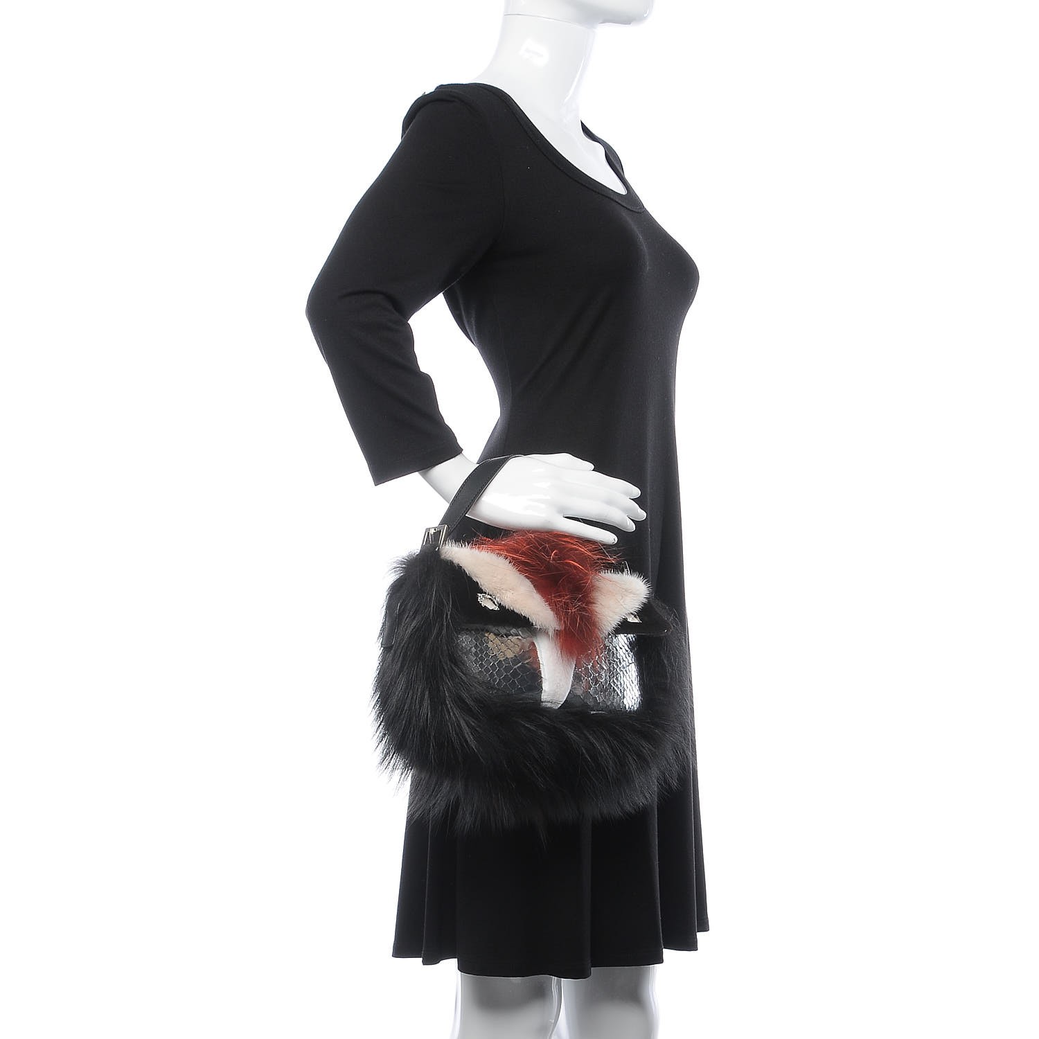 FENDI Metallic Python Fox Mink Fur Monster Baguette Black