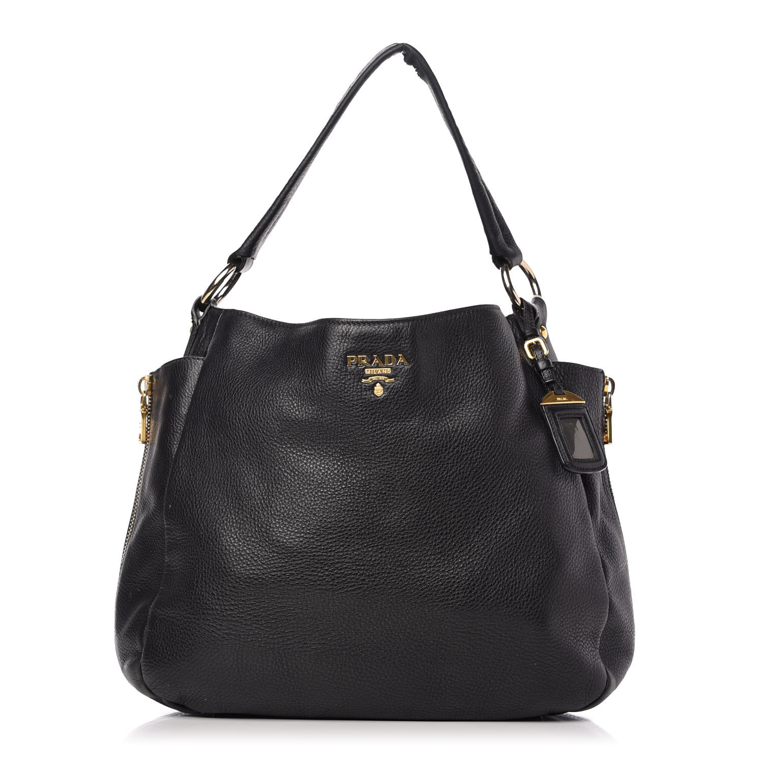 PRADA Vitello Daino Side Zip Pocket Hobo Black 717274