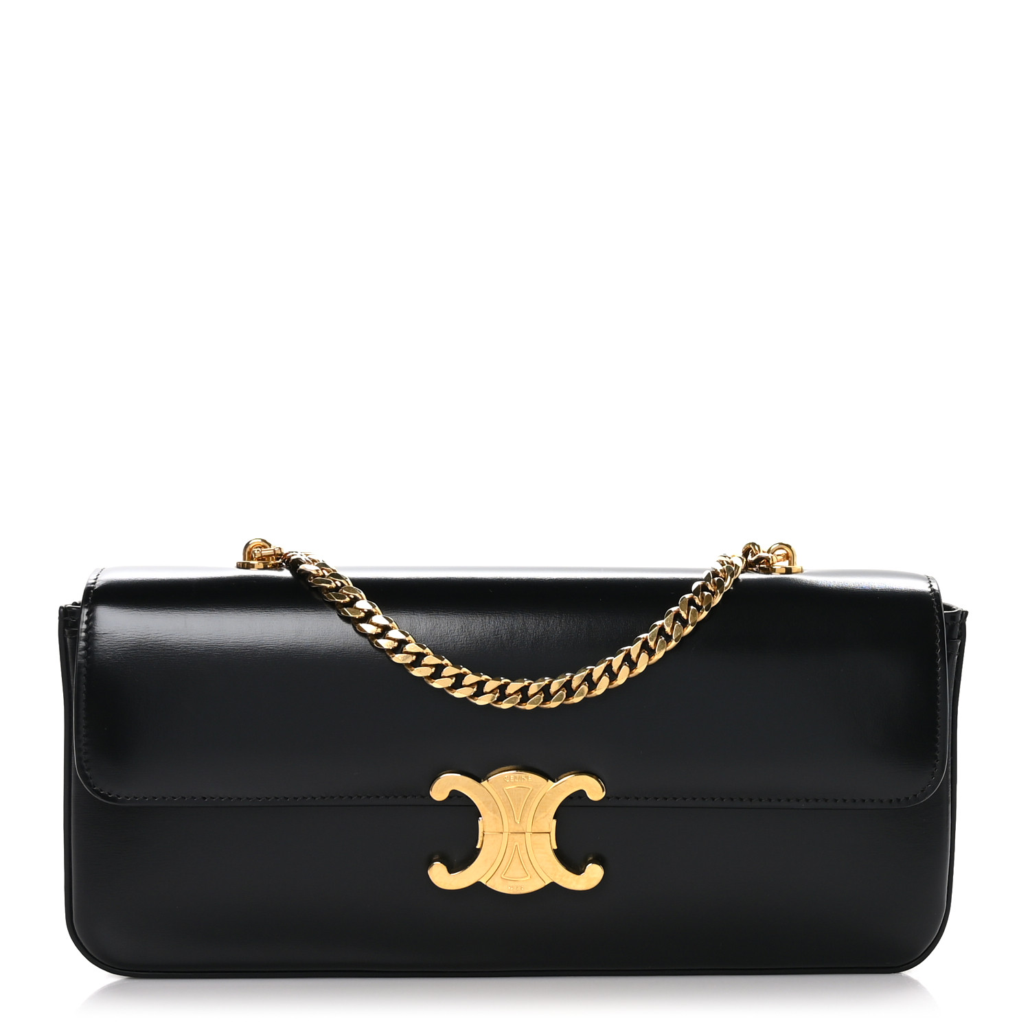 セリーヌ CELINE Shiny Calfskin Triomphe Chain Shoulder Bag Black