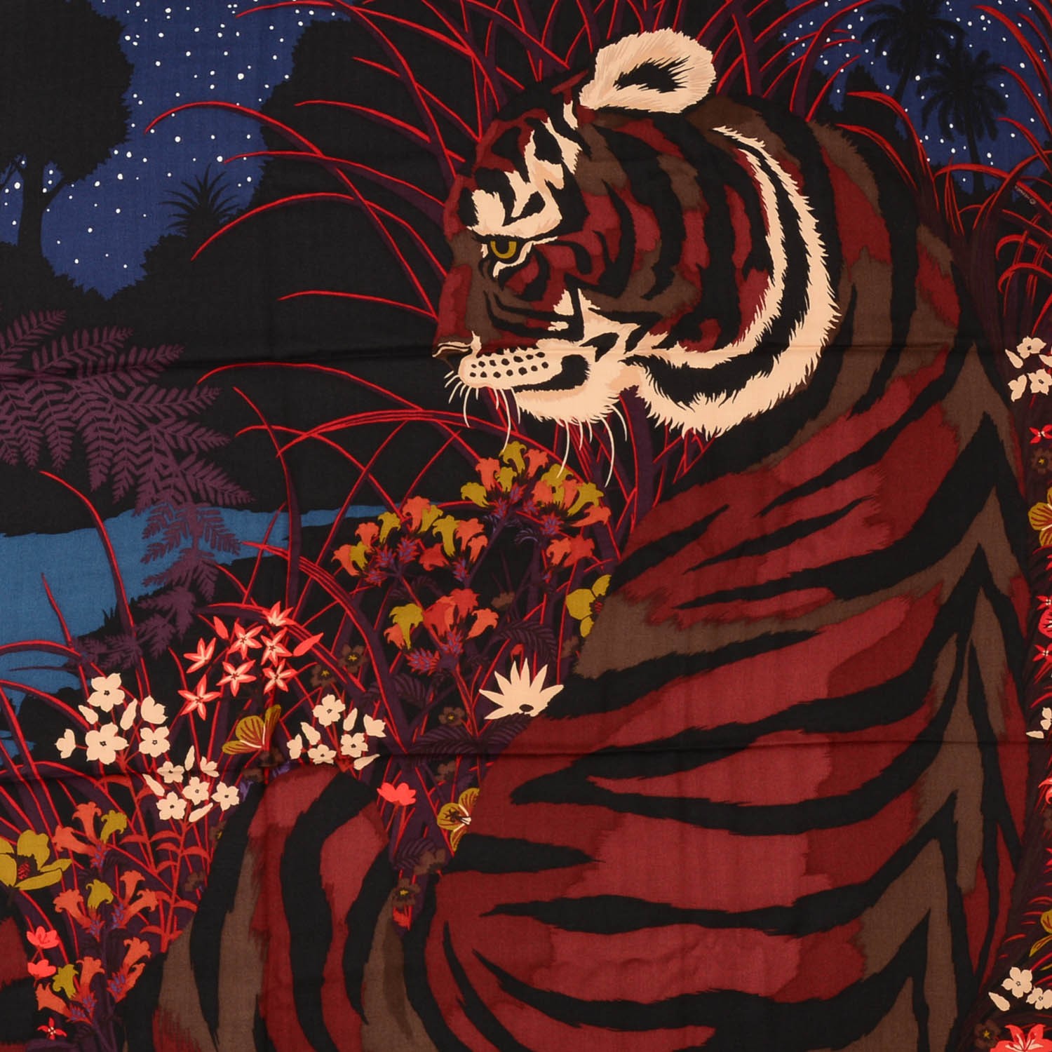HERMES Cashmere Silk Tyger Tyger Shawl 140 Bleu Nuit Acajou