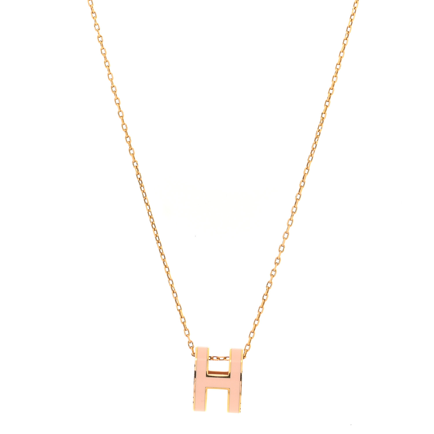 HERMES Lacquered Gold Pop H Pendant Necklace Rose Dragee