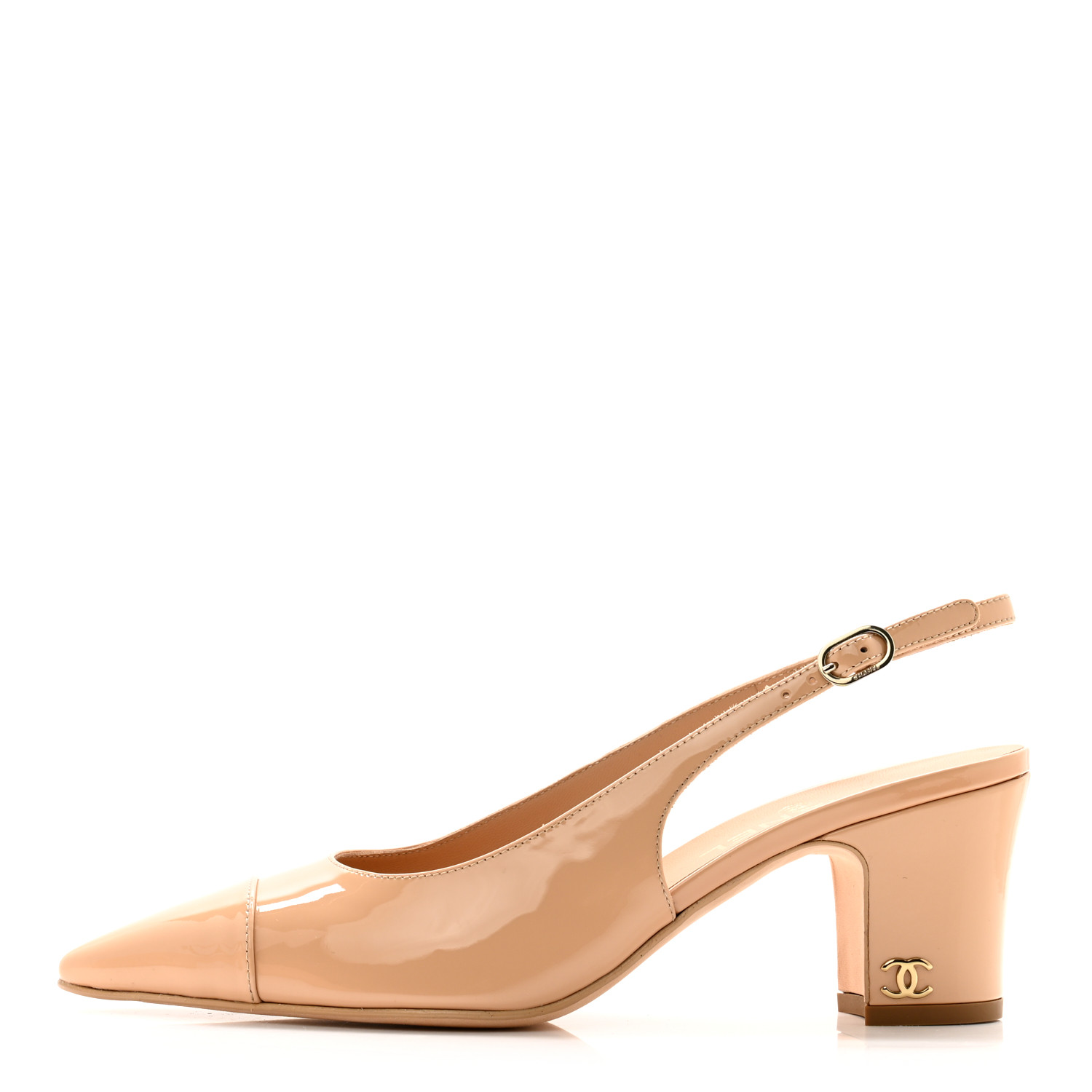 CHANEL Patent Calfskin Cap Toe CC Slingback Pumps 38 Beige