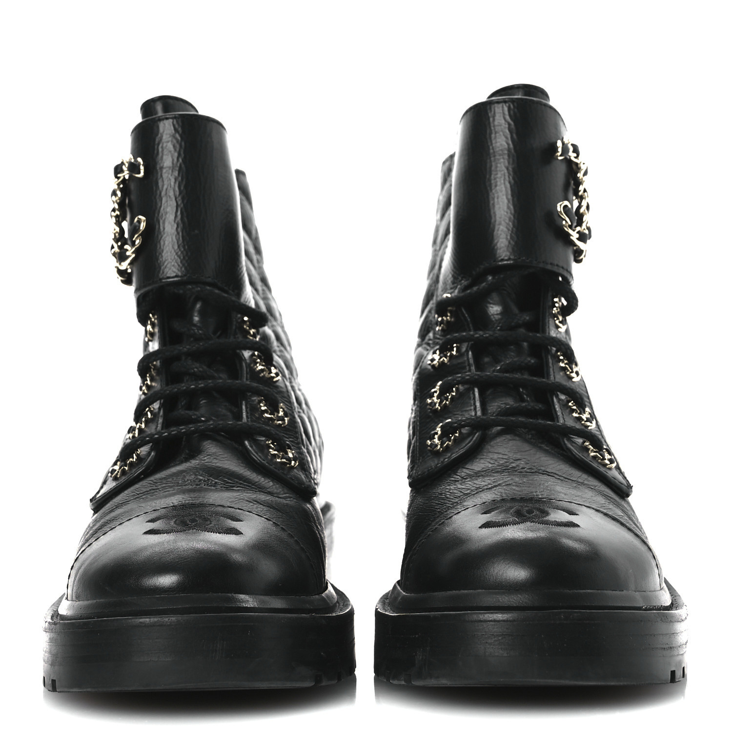 CHANEL Shiny Goatskin Calfskin Quilted Lace Up Combat Boots