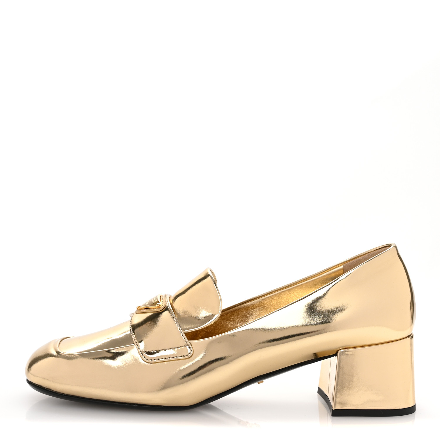 PRADA Metallic Patent Metal Triangle Logo 45mm Loafer Pumps